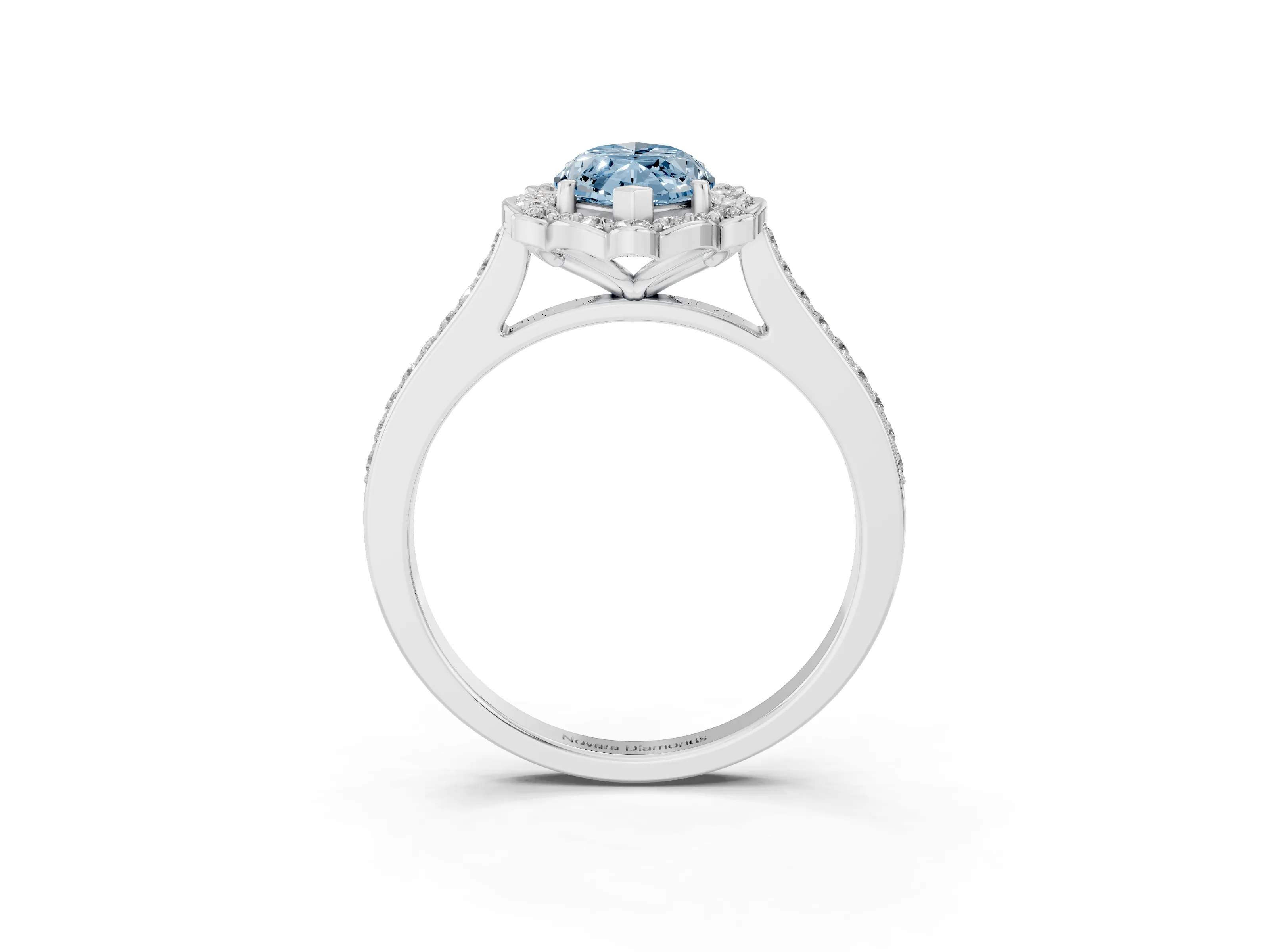 Fancy Blue Marquise Cut Diamond Halo Ring Set in White gold with Pavé-Lined Shoulders and Prong Setting
