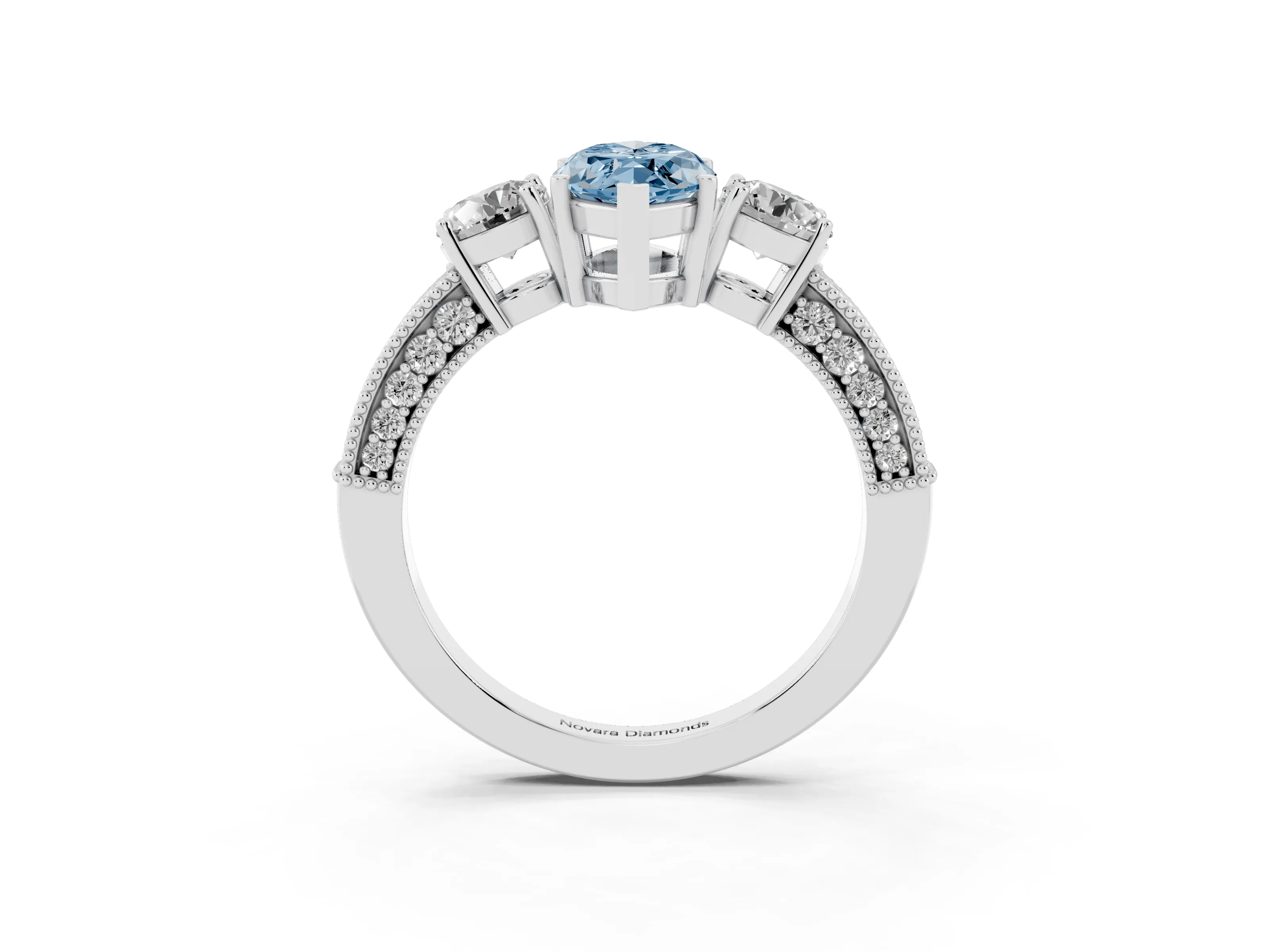 Fancy Blue Marquise Cut Diamond Three-Stone Ring Set in Platinum with Round Side Stones and Pavé Band