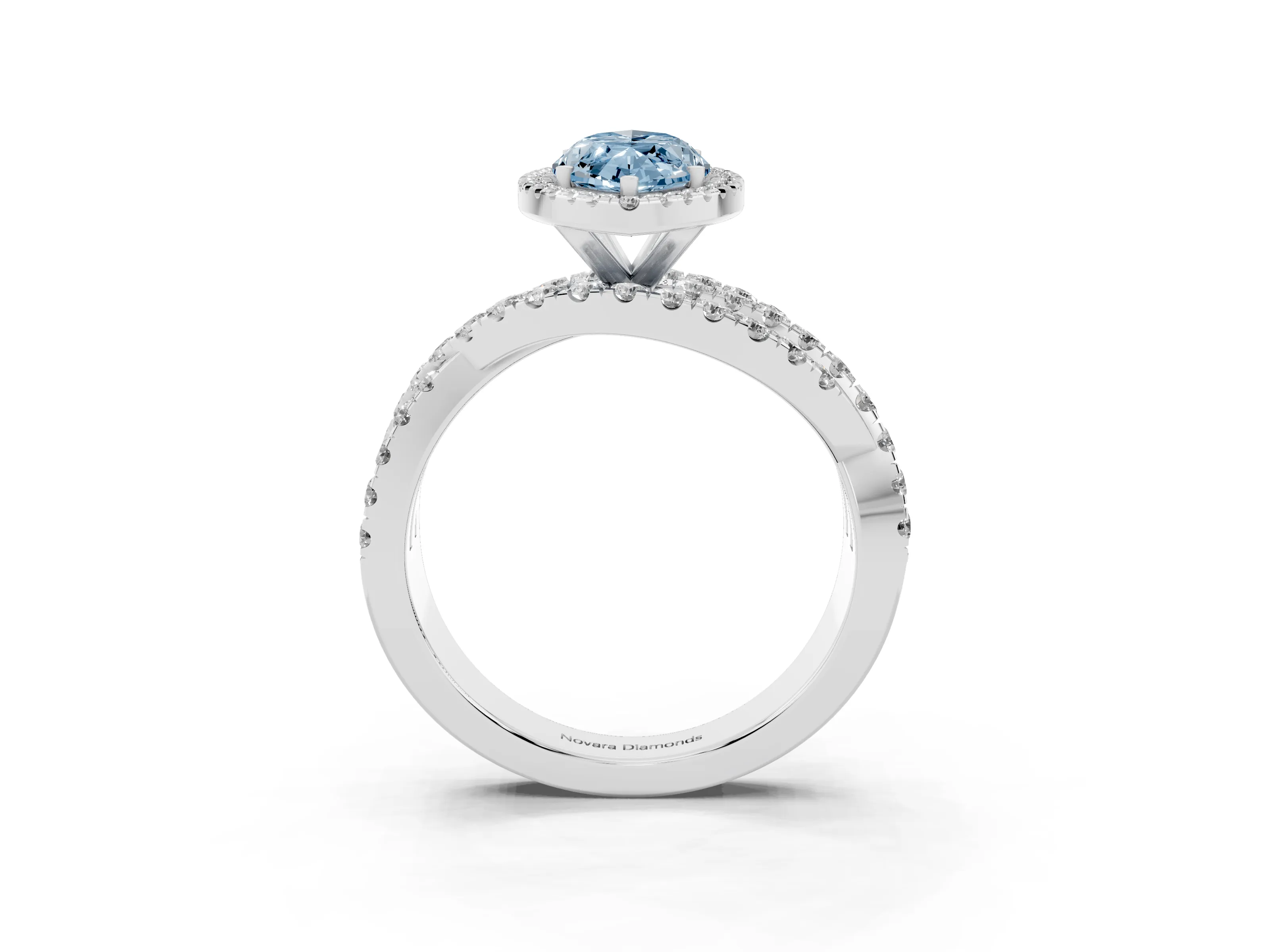Fancy Blue Marquise Cut Diamond Halo Ring Set in White gold with Round Crossover Split Shank and Prong Setting