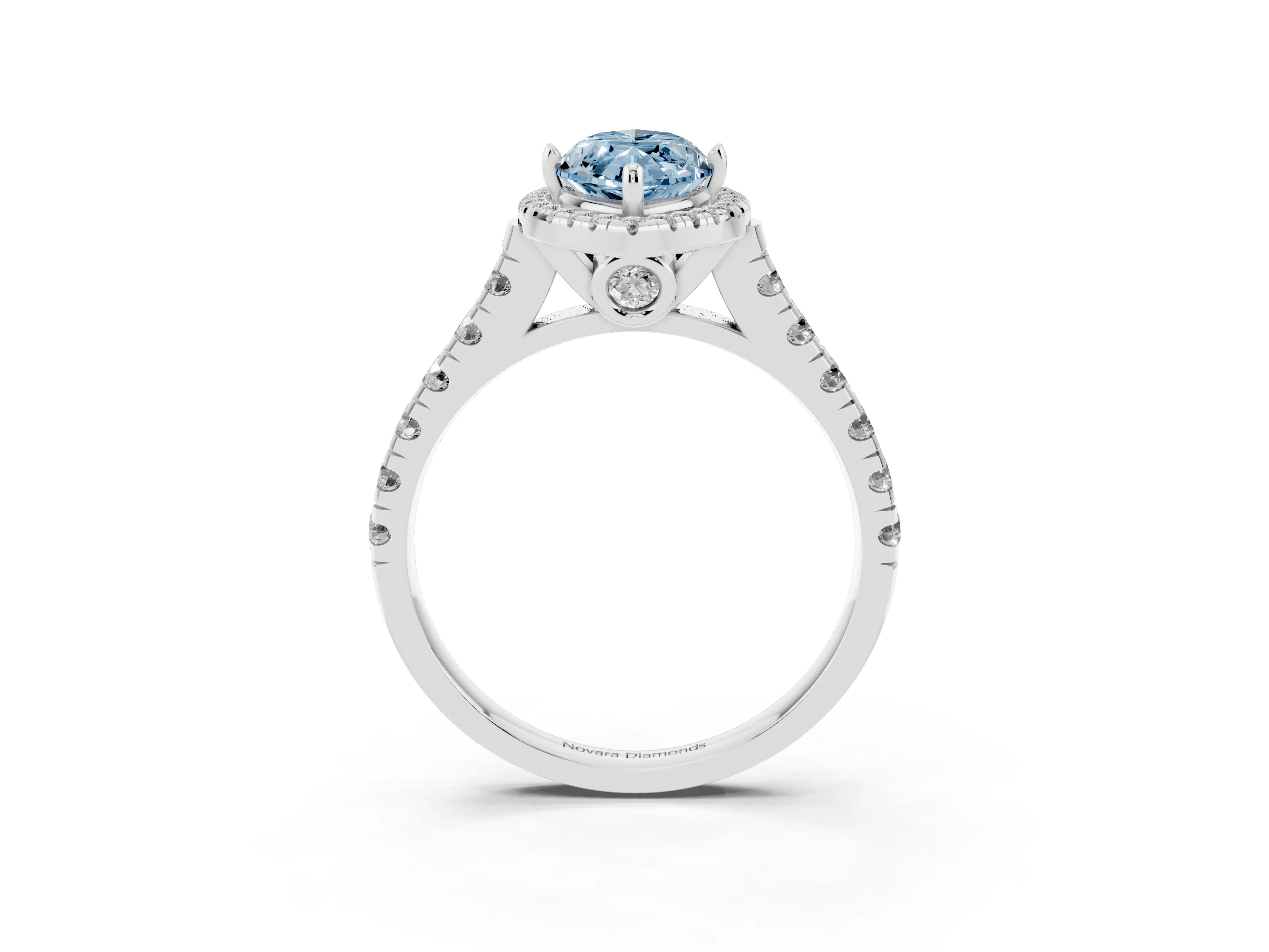 Fancy Blue Marquise Cut Diamond Halo Engagement Ring Set in White gold with Pavé Band and Prong-Set Center