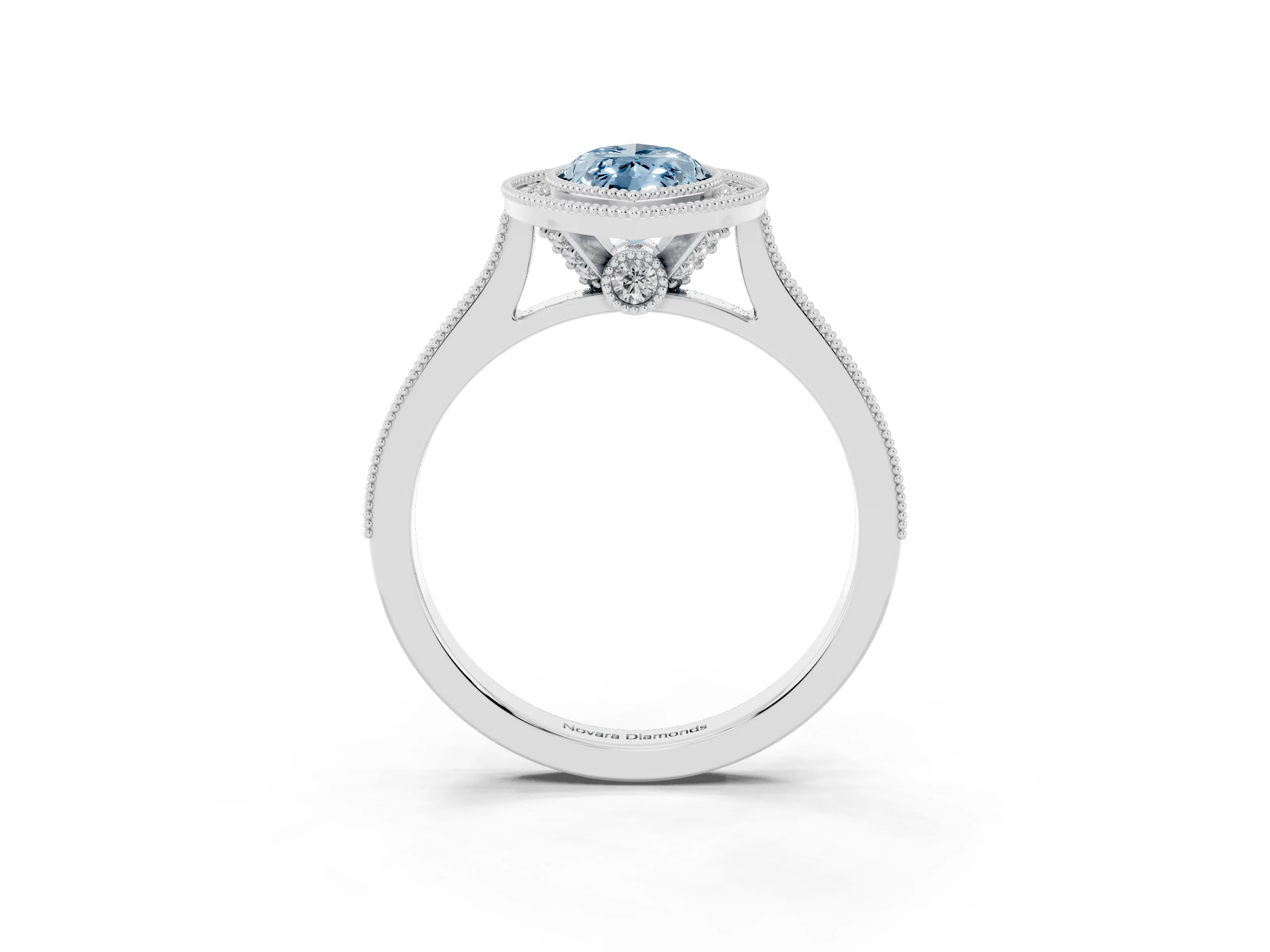 Fancy Blue Marquise Cut Diamond Halo Milgrain Pavé Band Ring Set in White gold with Prong Setting