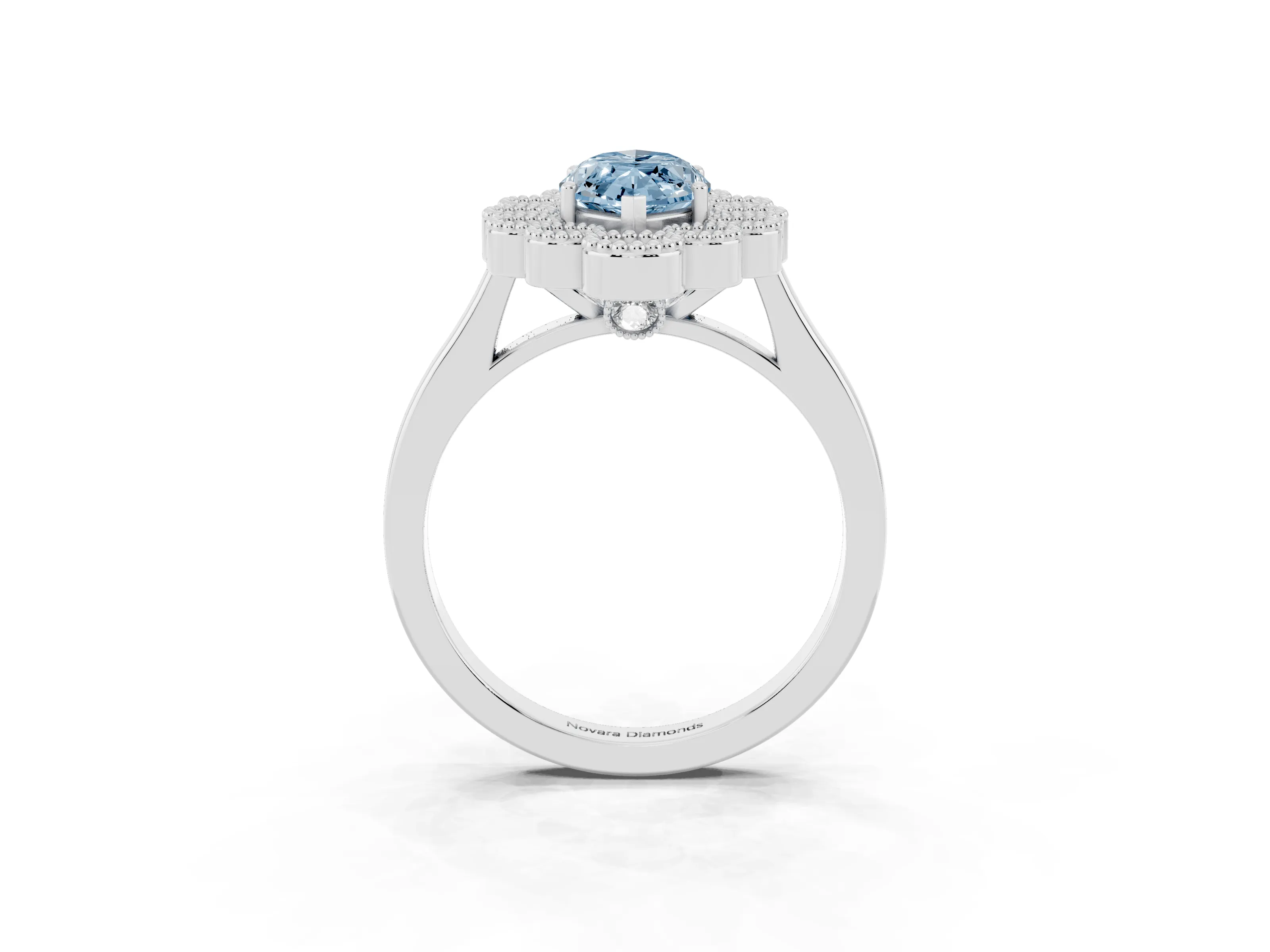 Fancy Blue Marquise Cut Diamond Cluster Halo Ring Set in Silver with Milgrain Bezel Accents and Plain Band