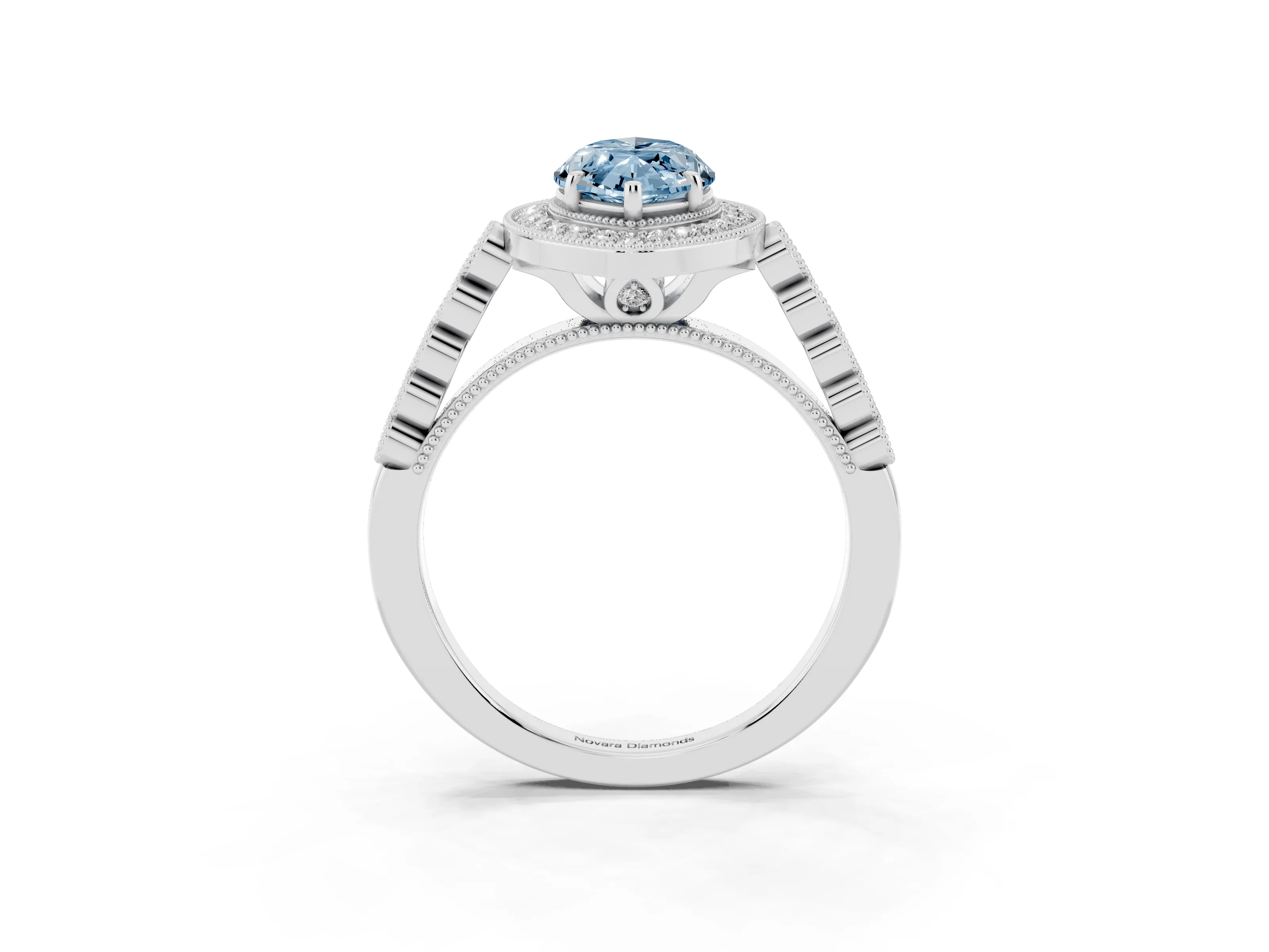 Fancy Blue Marquise Cut Diamond Milgrain Halo Solitaire Ring Set in Platinum with Bezel Set Side Stones and Pavé Band