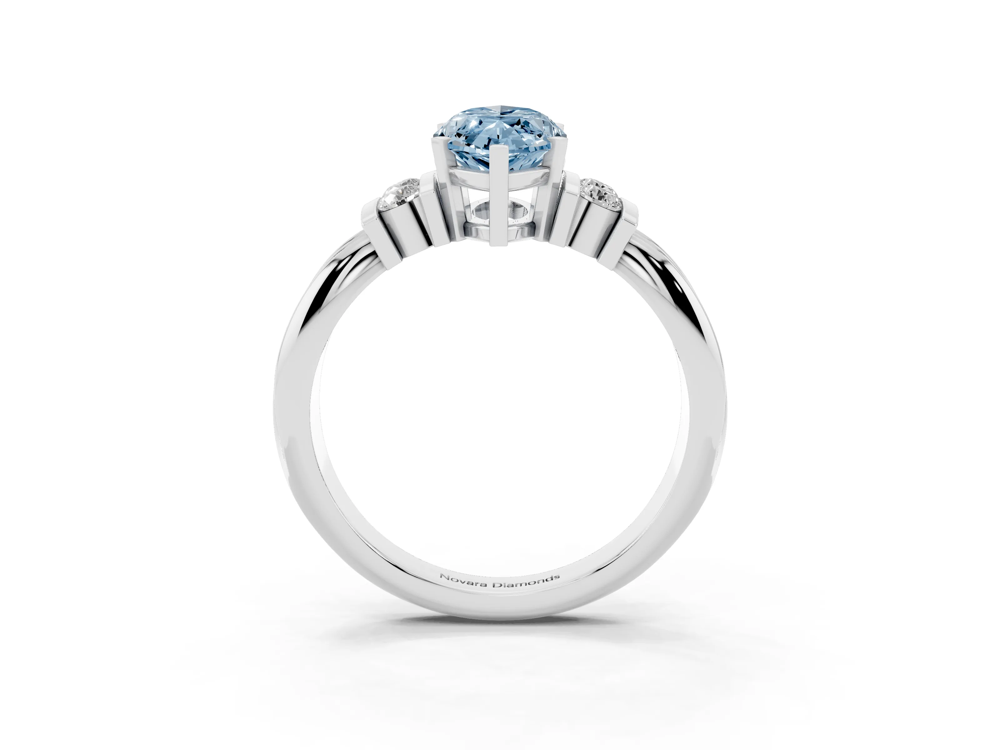 Fancy Blue Three-Stone Marquise Cut Diamond Channel Set Ring Set in Platinum with Bar Prongs