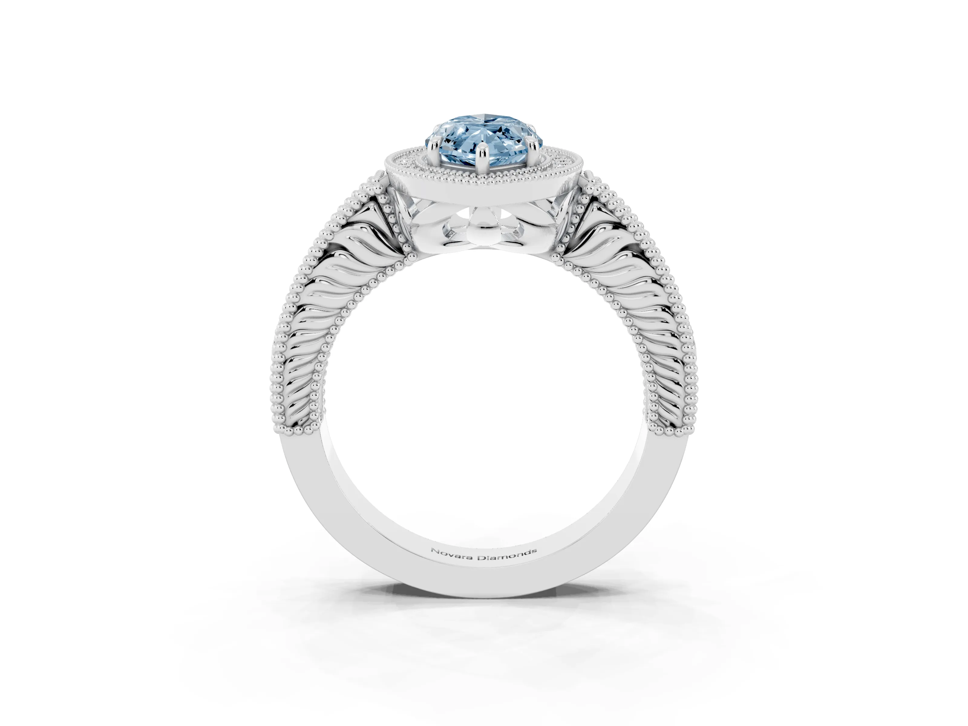 Fancy Blue Marquise Cut Diamond Halo Ring Set in White gold with Round Accent Halo, Pavé Band and Prong Setting