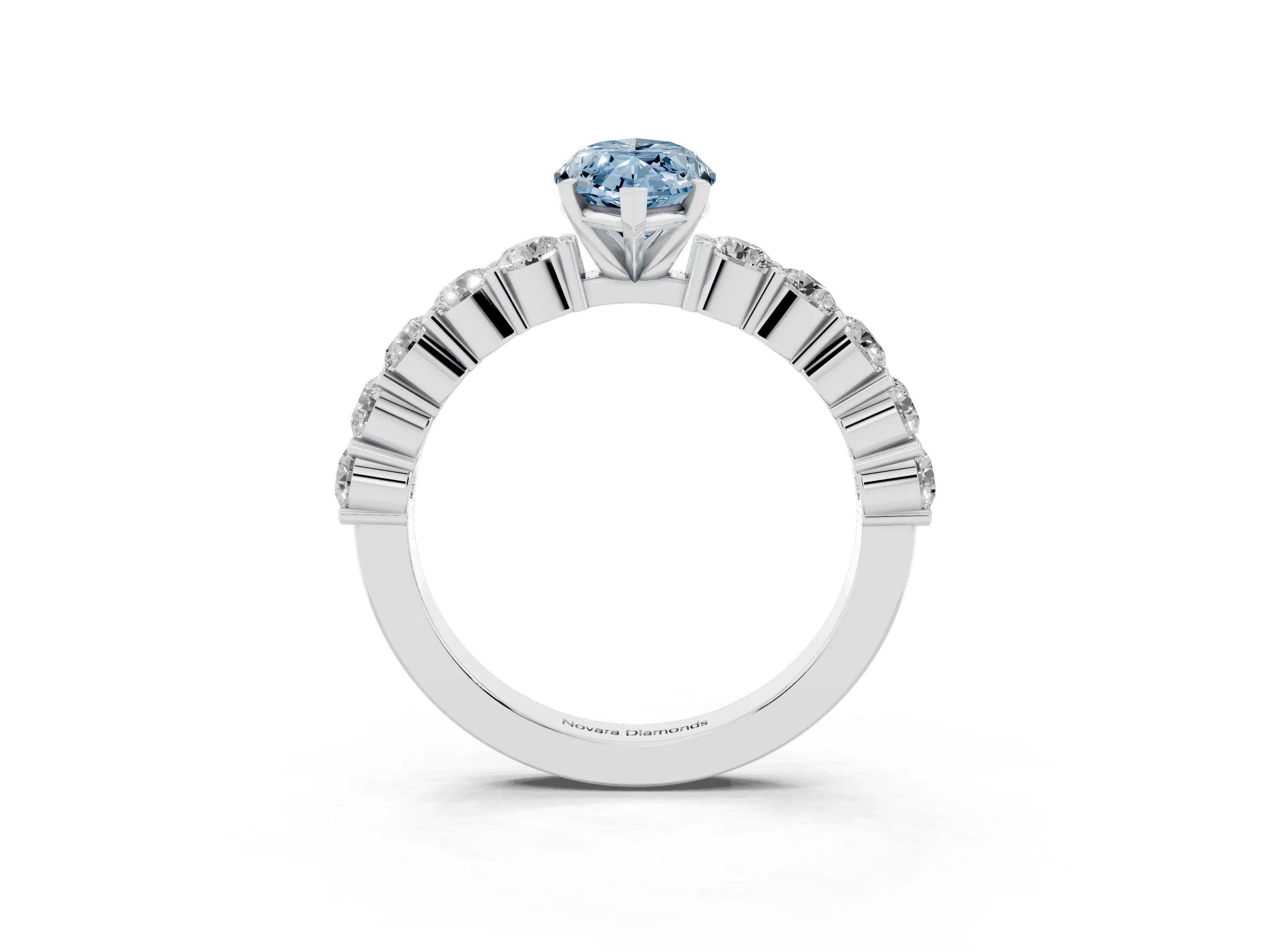 Fancy Blue Marquise Cut Diamond Solitaire Ring Set in White gold with Shared Prong Round Side Stones