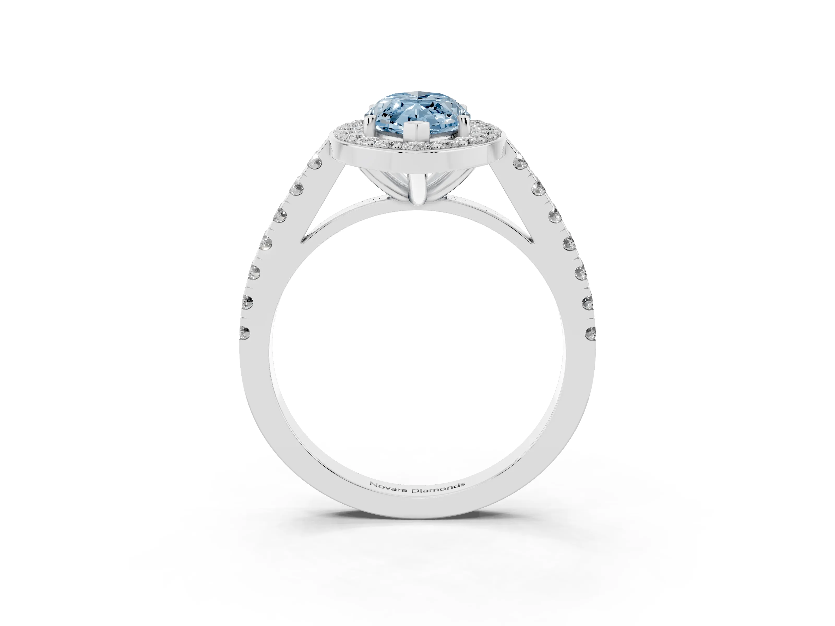 Fancy Blue Marquise Cut Diamond Halo Ring Set in White gold with Round Pavé Split Shank and Prong Setting