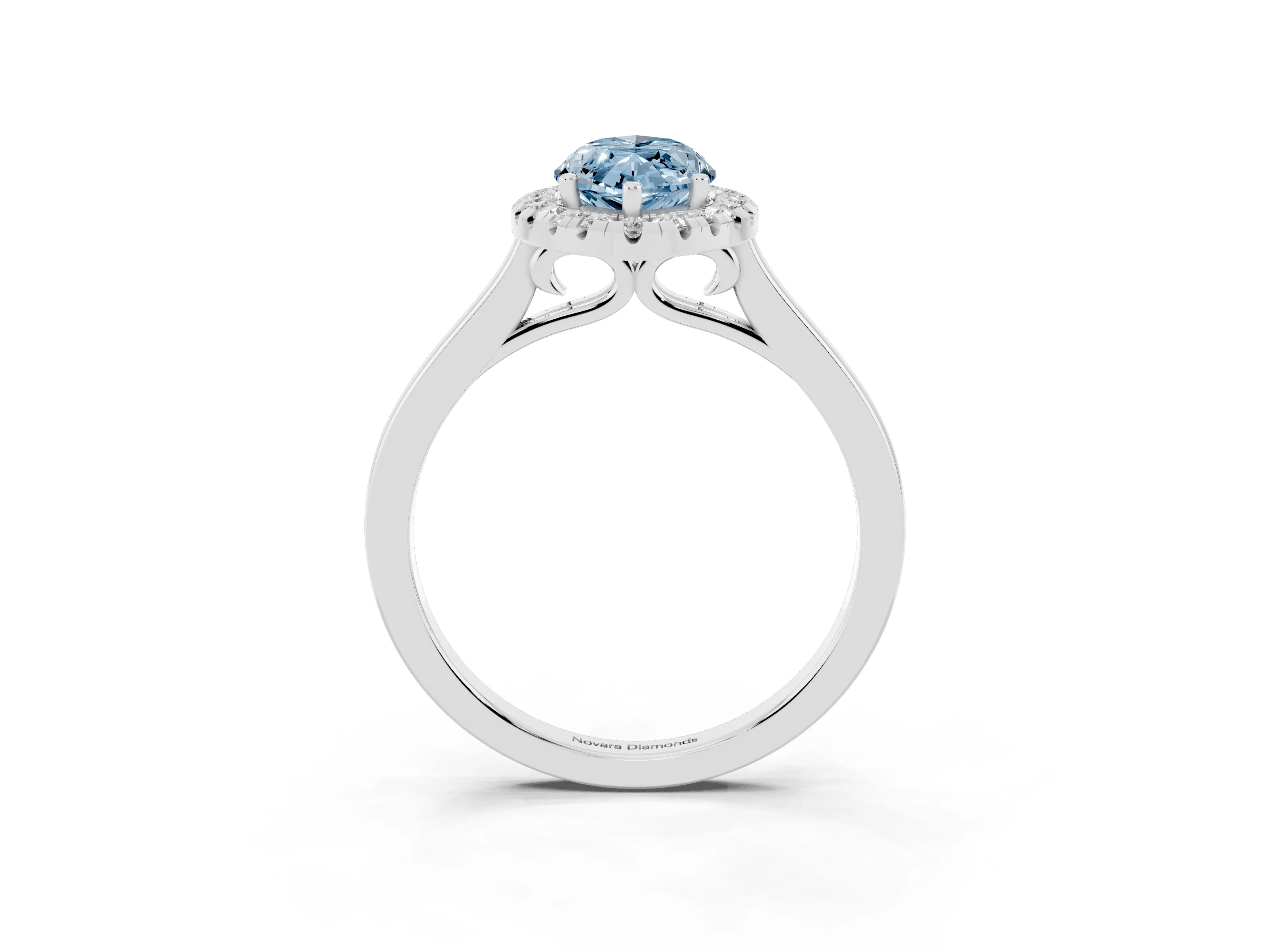 Fancy Blue Marquise Cut Halo Round Diamond Solitaire Ring Set in Platinum with Pavé Band and Prong Setting