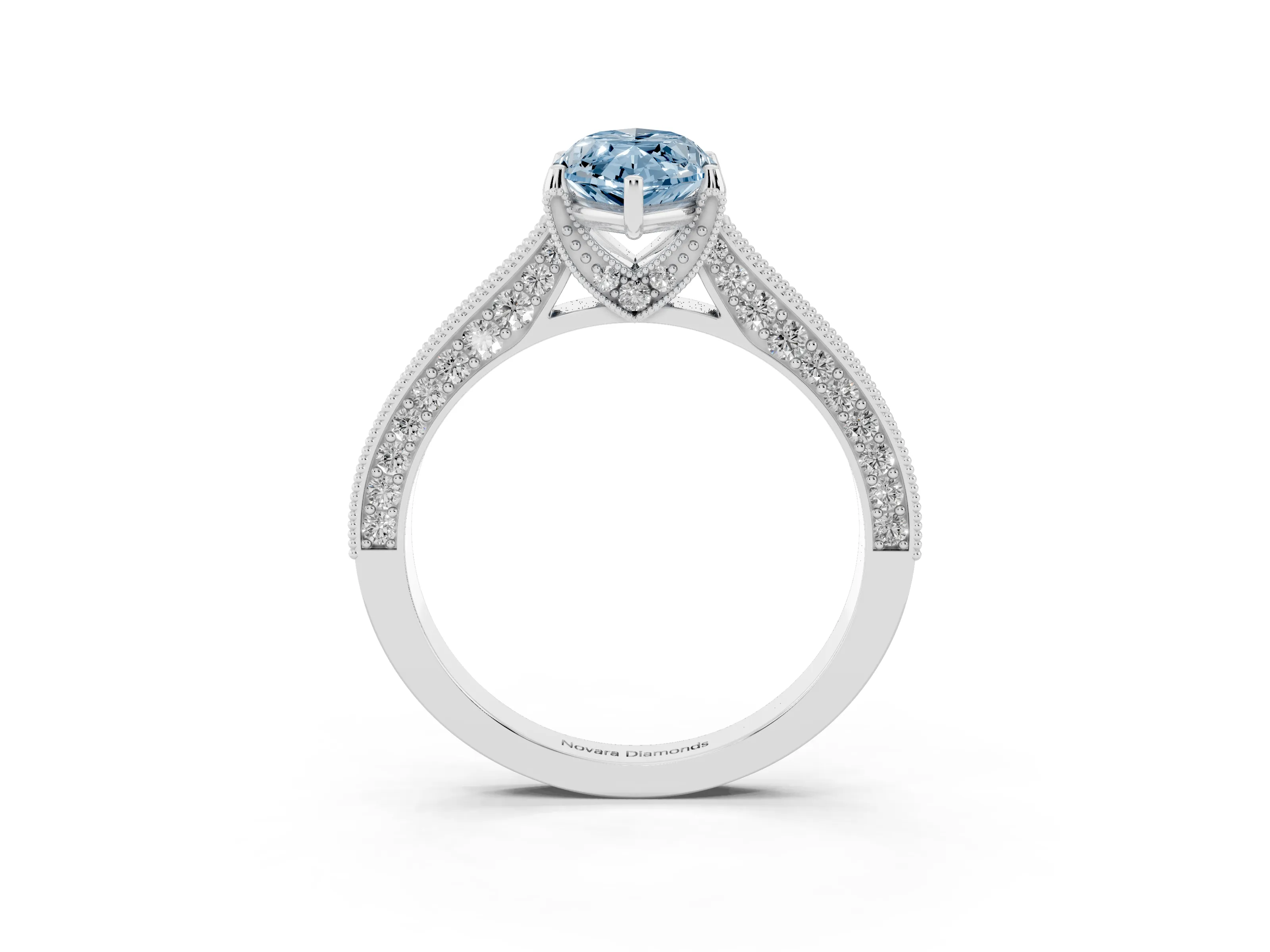 Fancy Blue Marquise Cut Diamond Solitaire Ring Set in Silver with Milgrain-Edged Pavé Band and Prong Setting