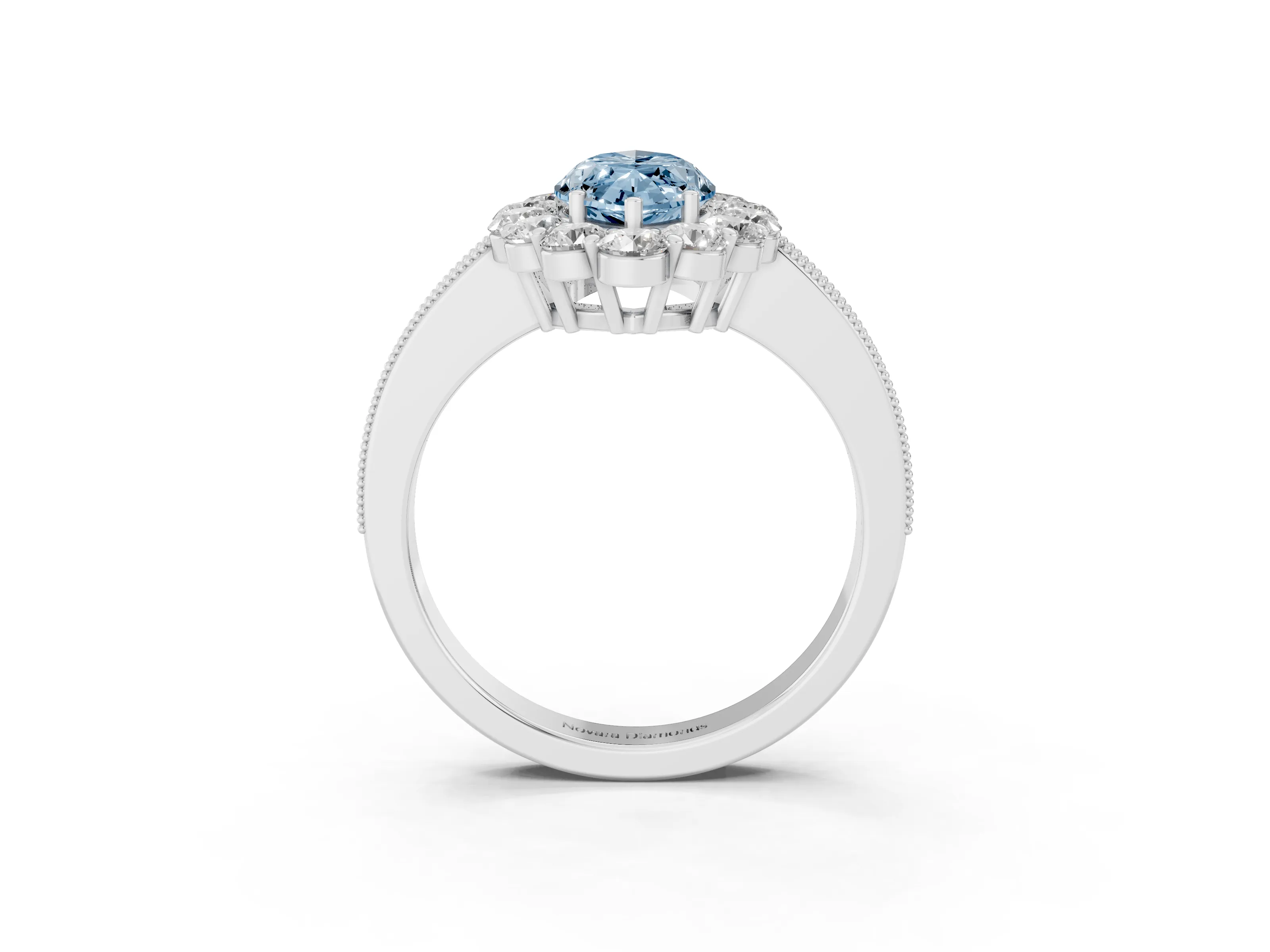 Fancy Blue Marquise Cut Diamond Halo Pavé Engagement Ring Set in Platinum with Milgrain Detailing