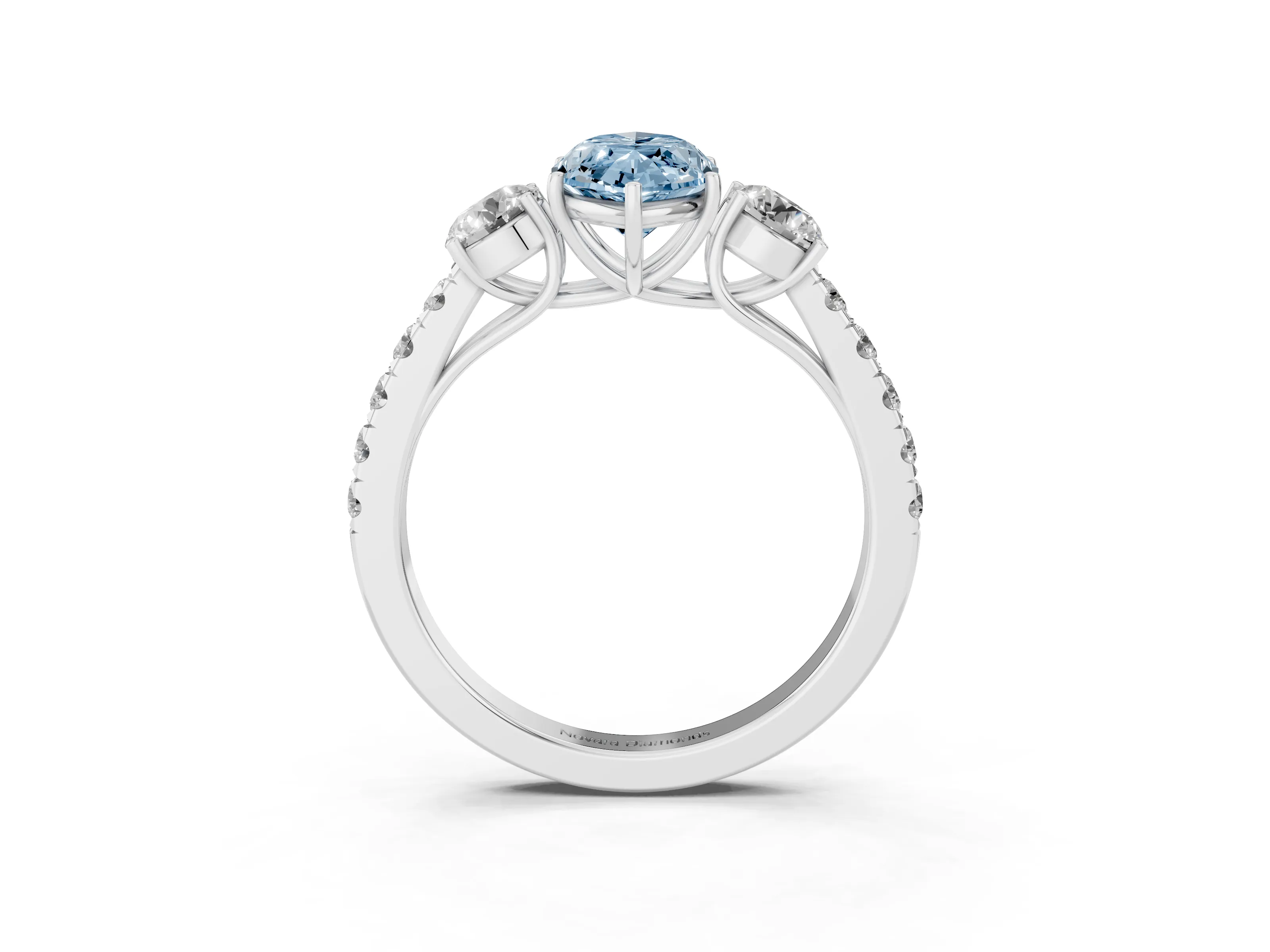 Fancy Blue Marquise Cut Diamond Three-Stone Ring Set in Platinum with Round Side Stones and Delicate Pavé Band