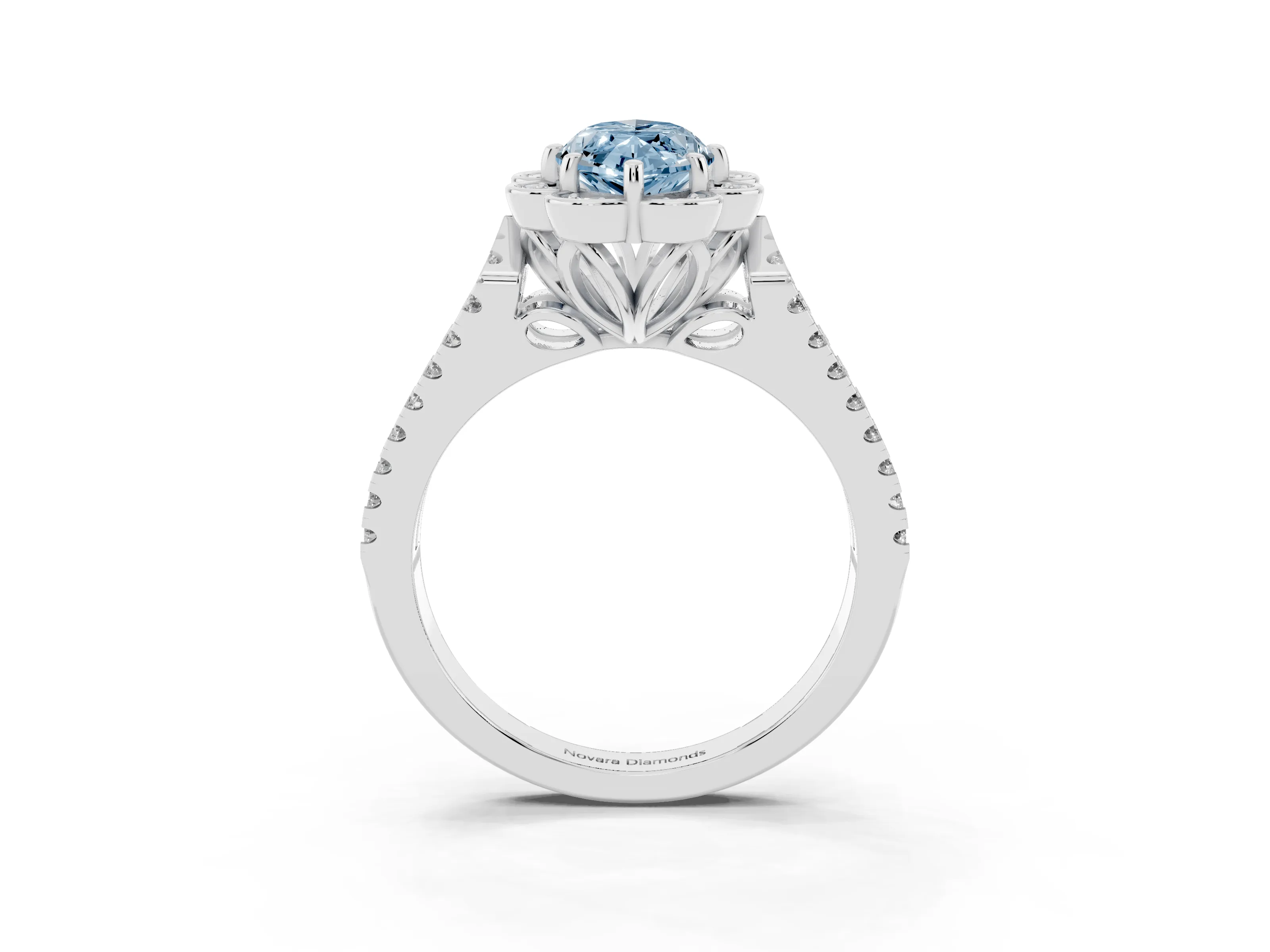 Fancy Blue Marquise Cut Diamond Floral Halo Split Shank Engagement Ring Set in Platinum with Pavé Shank