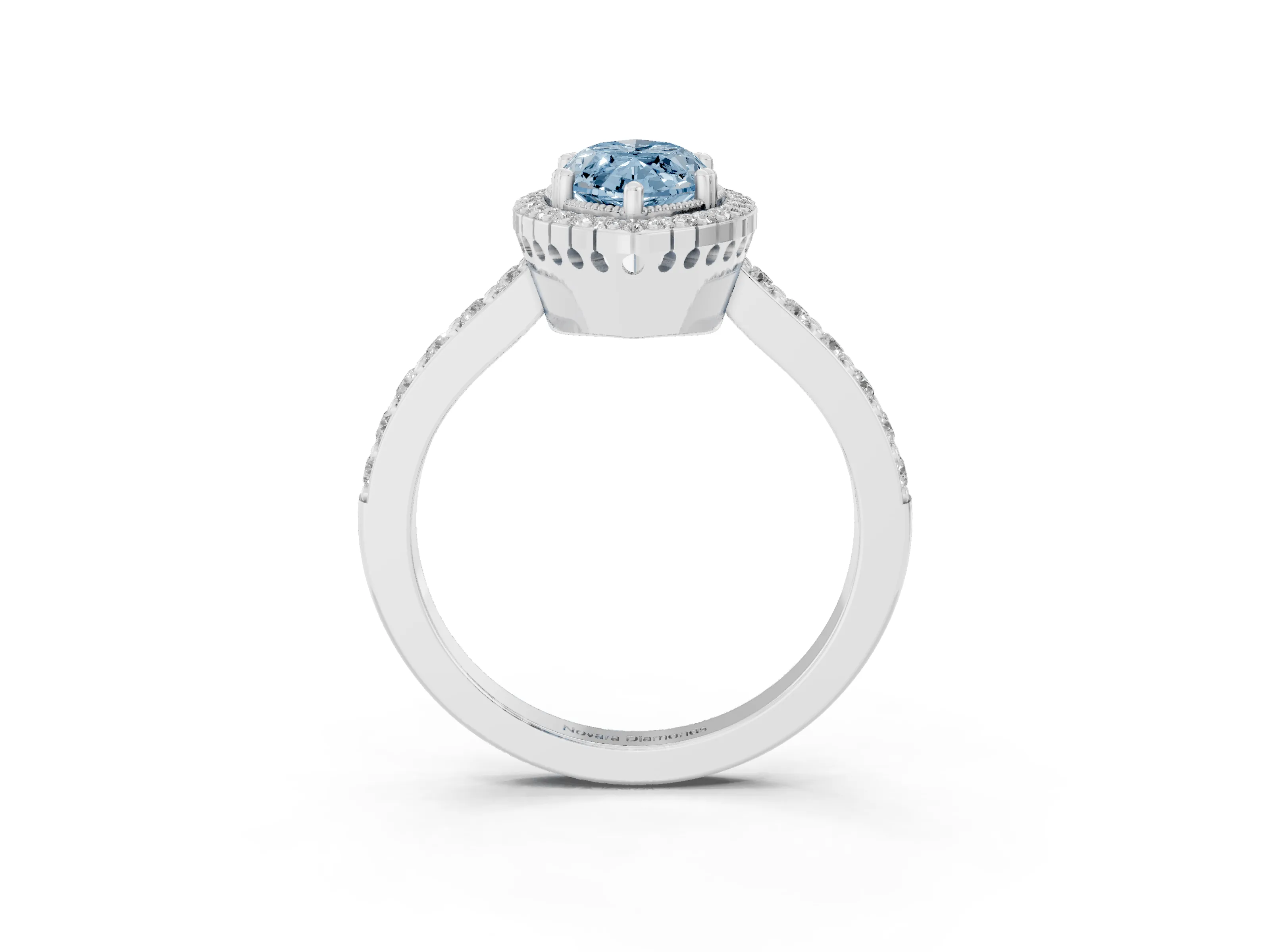 Fancy Blue Marquise Cut Diamond Halo Engagement Ring Set in Platinum with Milgrain Detail and Pavé Band