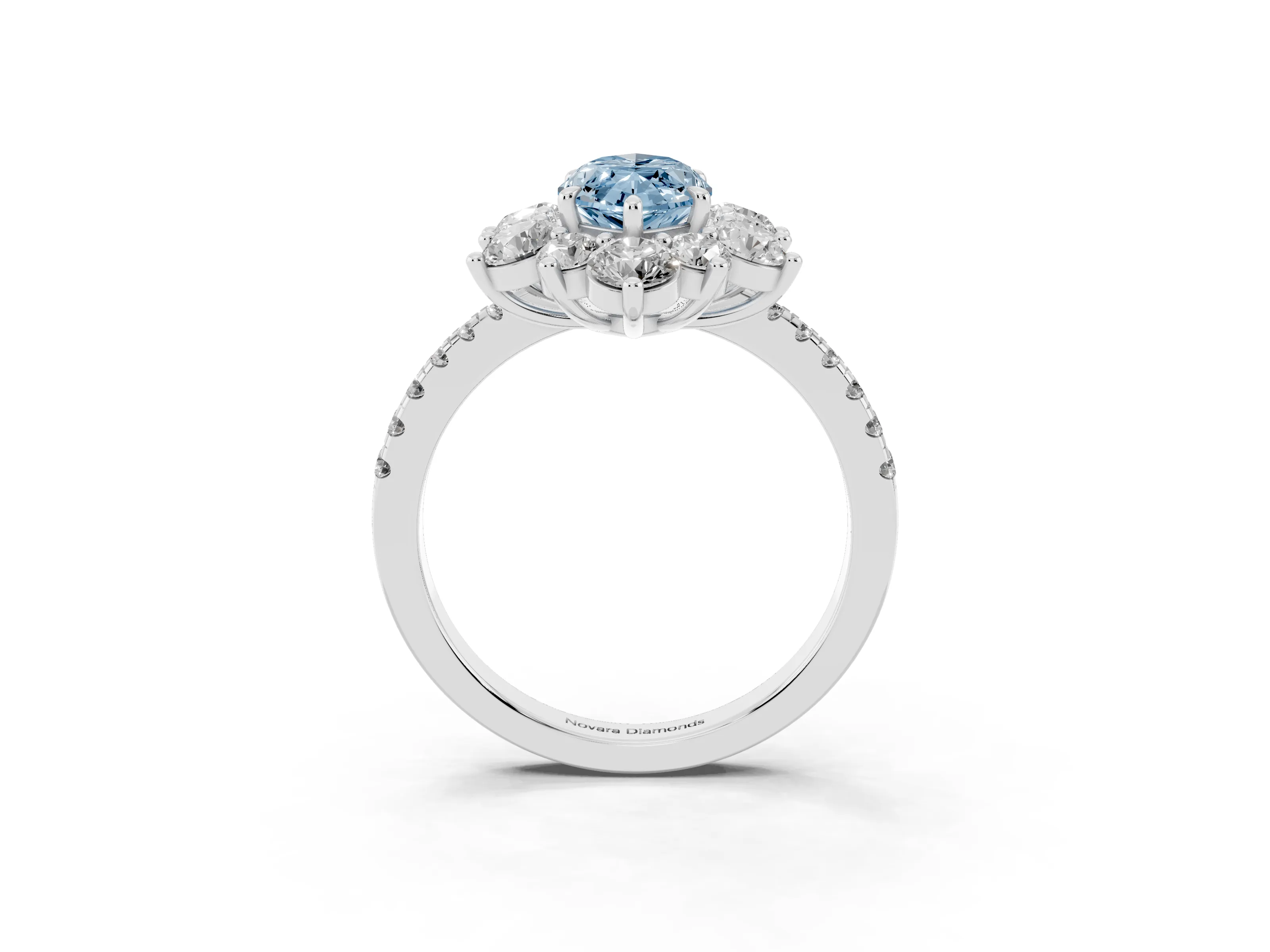 Fancy Blue Marquise Cut Diamond Floral Halo Ring Set in White gold with Round Pavé Band and Prong Setting
