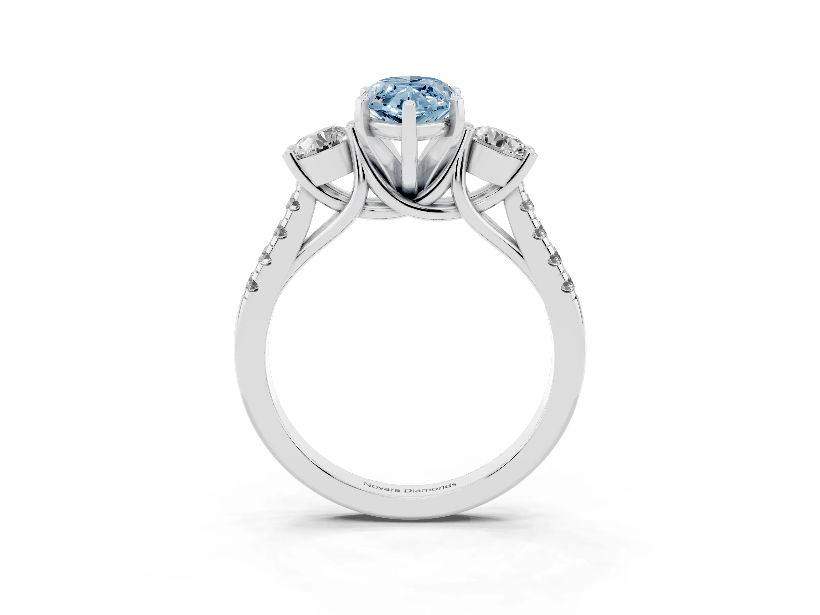 Fancy Blue Three-Stone Marquise Cut Diamond Pavé Band Ring Set in Silver with Prong-Set Trio