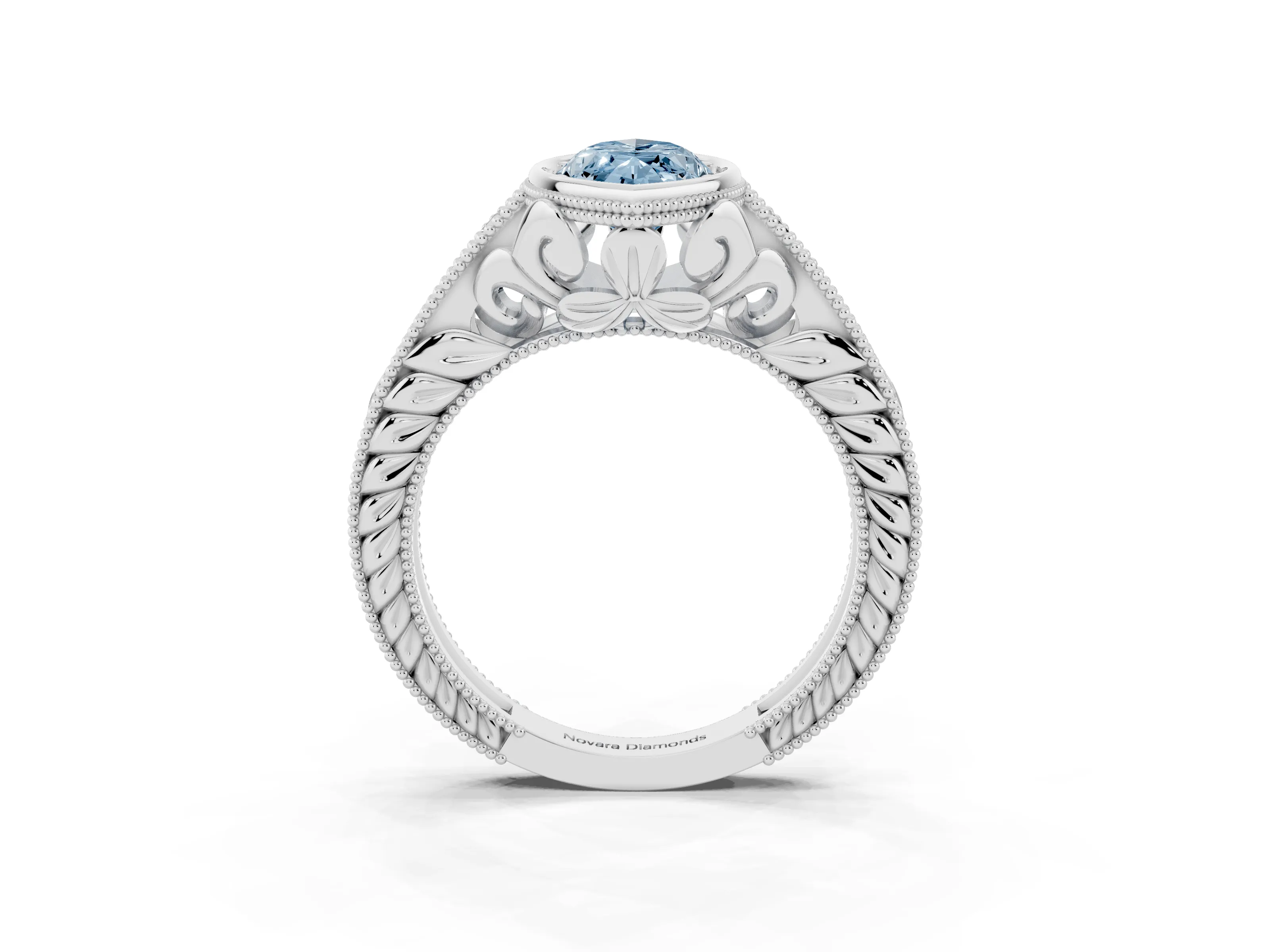 Fancy Blue Bezel Set Marquise Cut Diamond Milgrain Pavé Engagement Ring Set in Silver
