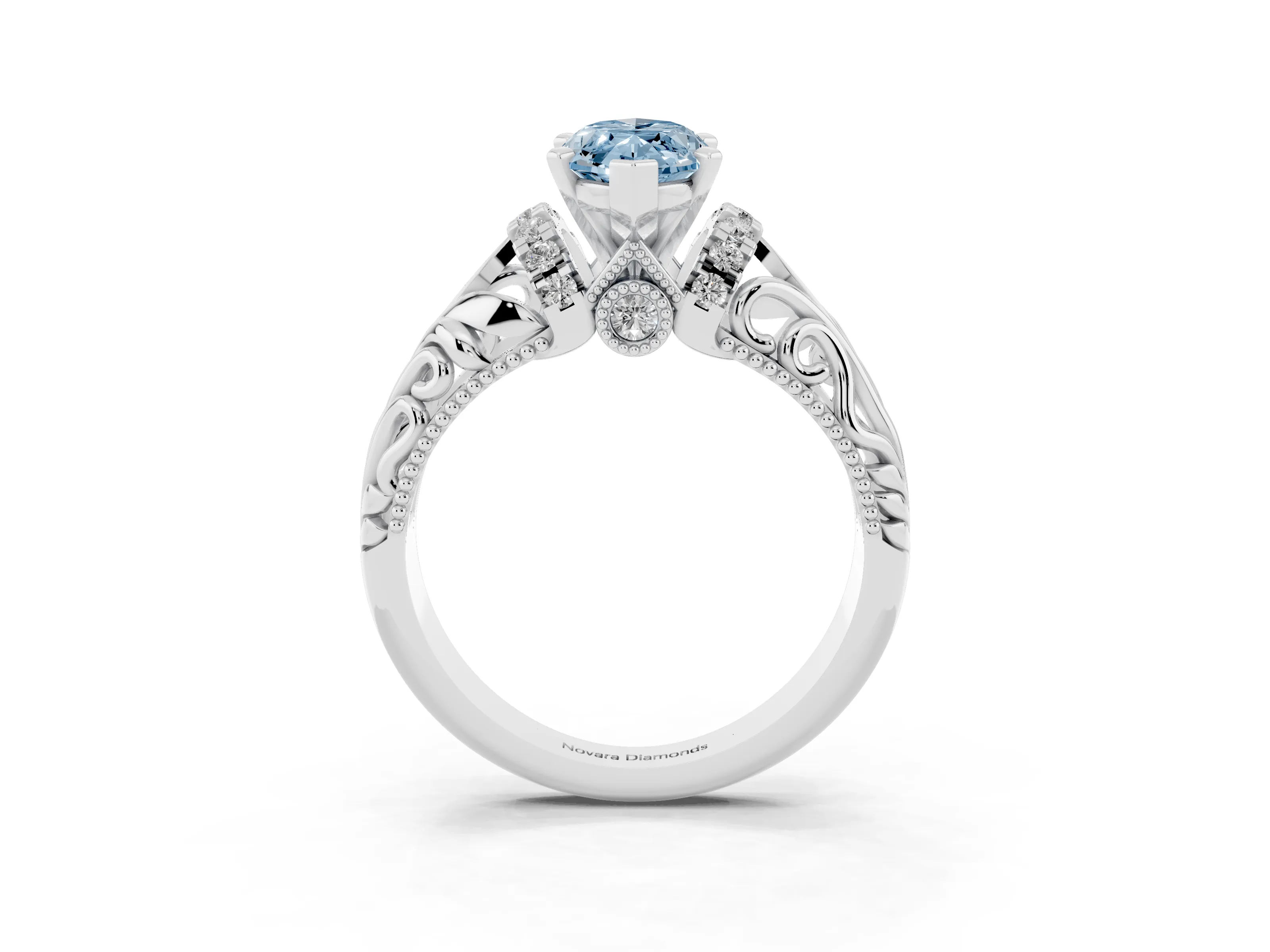 Fancy Blue Marquise Cut Diamond Filigree Halo Engagement Ring Set in White gold with Prong Setting