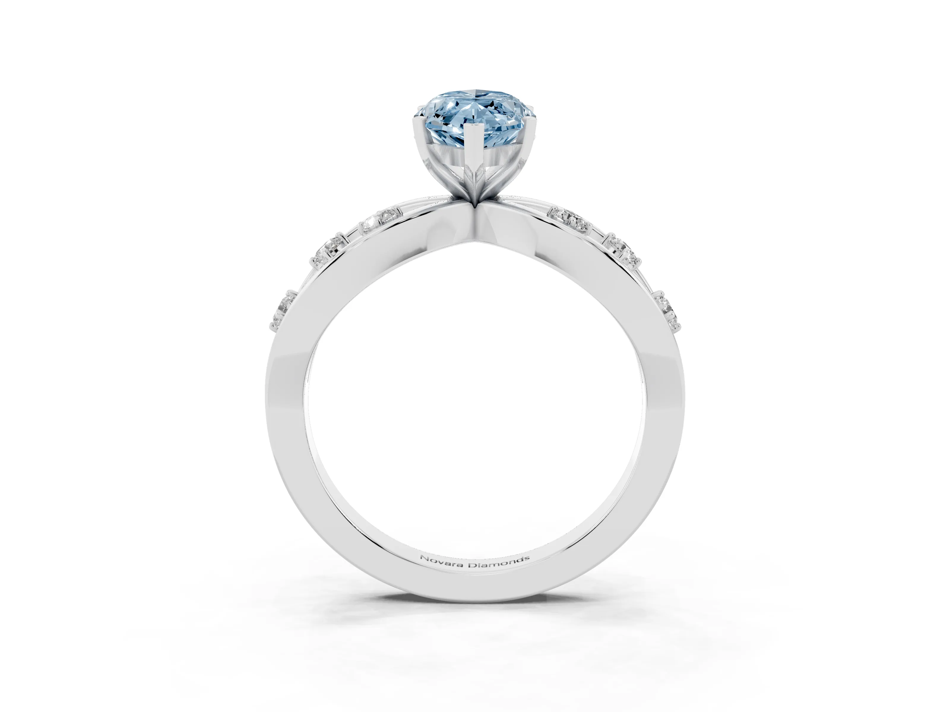 Fancy Blue Marquise Cut Diamond Solitaire Ring Set in Silver with Side Stones on Criss-Cross Band and Prong Setting