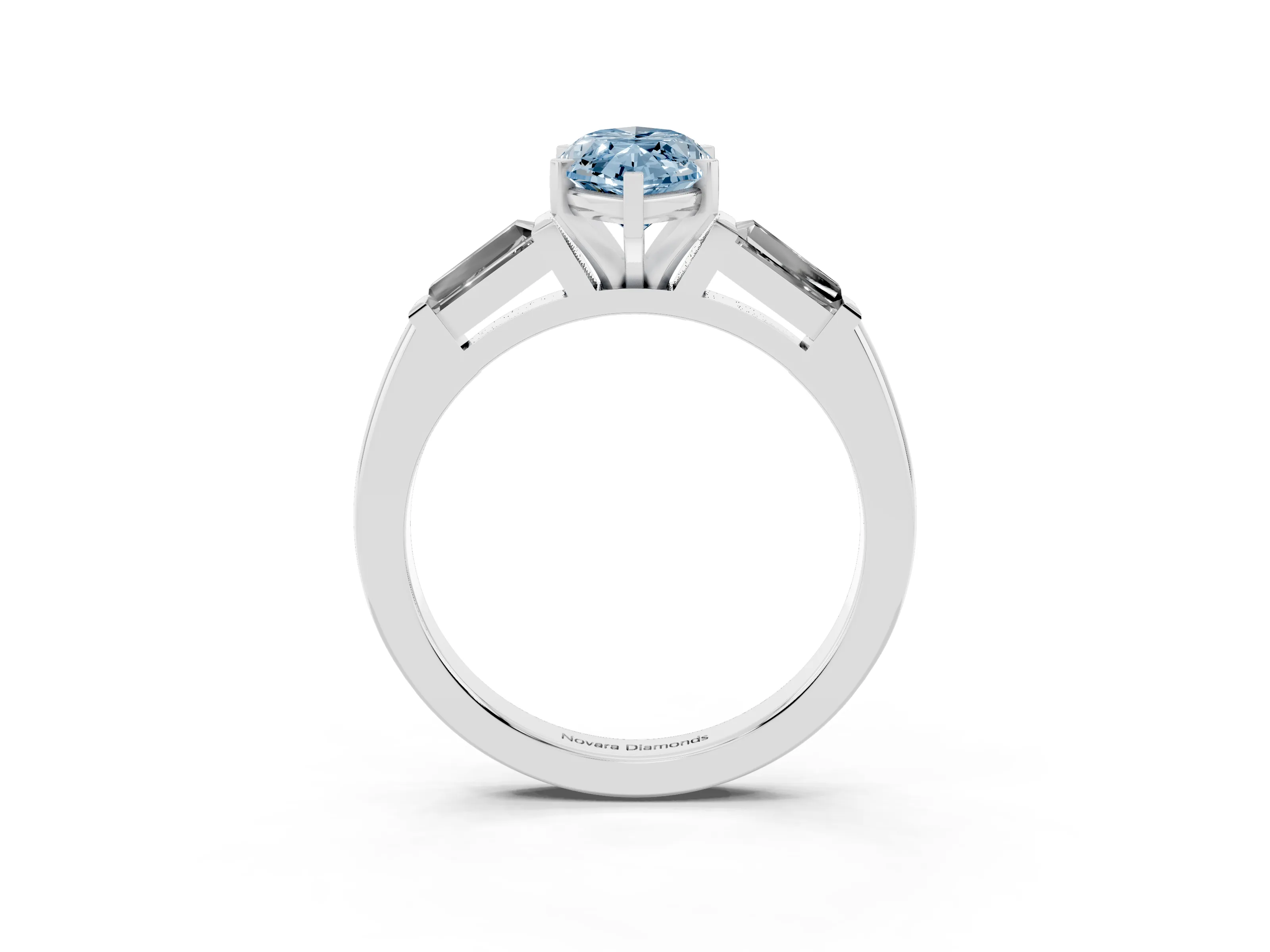 Fancy Blue Marquise Cut Diamond Solitaire Ring Set in Silver with Tapered Baguette Side Stones and Prong Setting