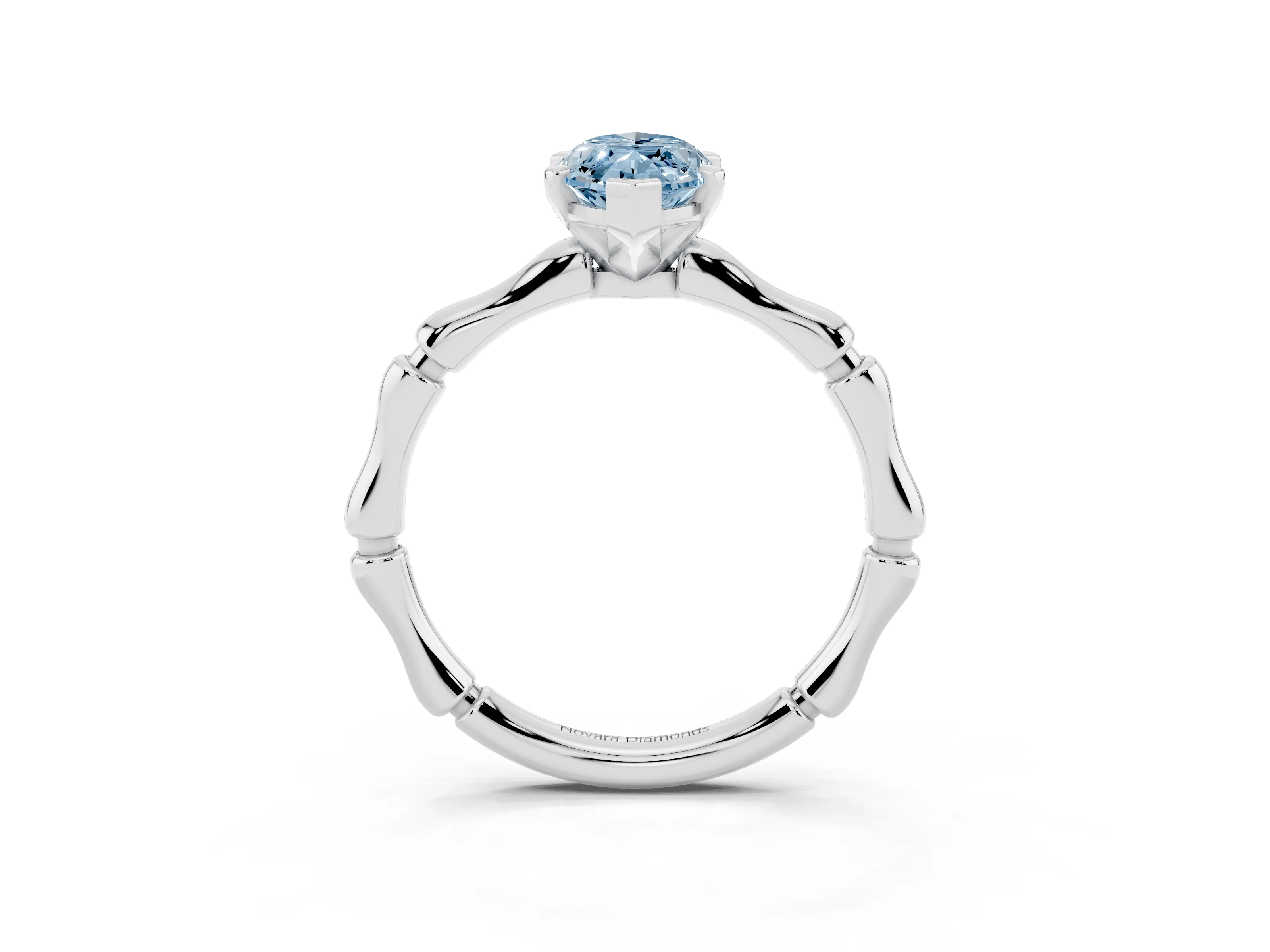 Fancy Blue Marquise Cut Diamond Solitaire Ring Set in Silver with Bamboo Band and Prong Setting