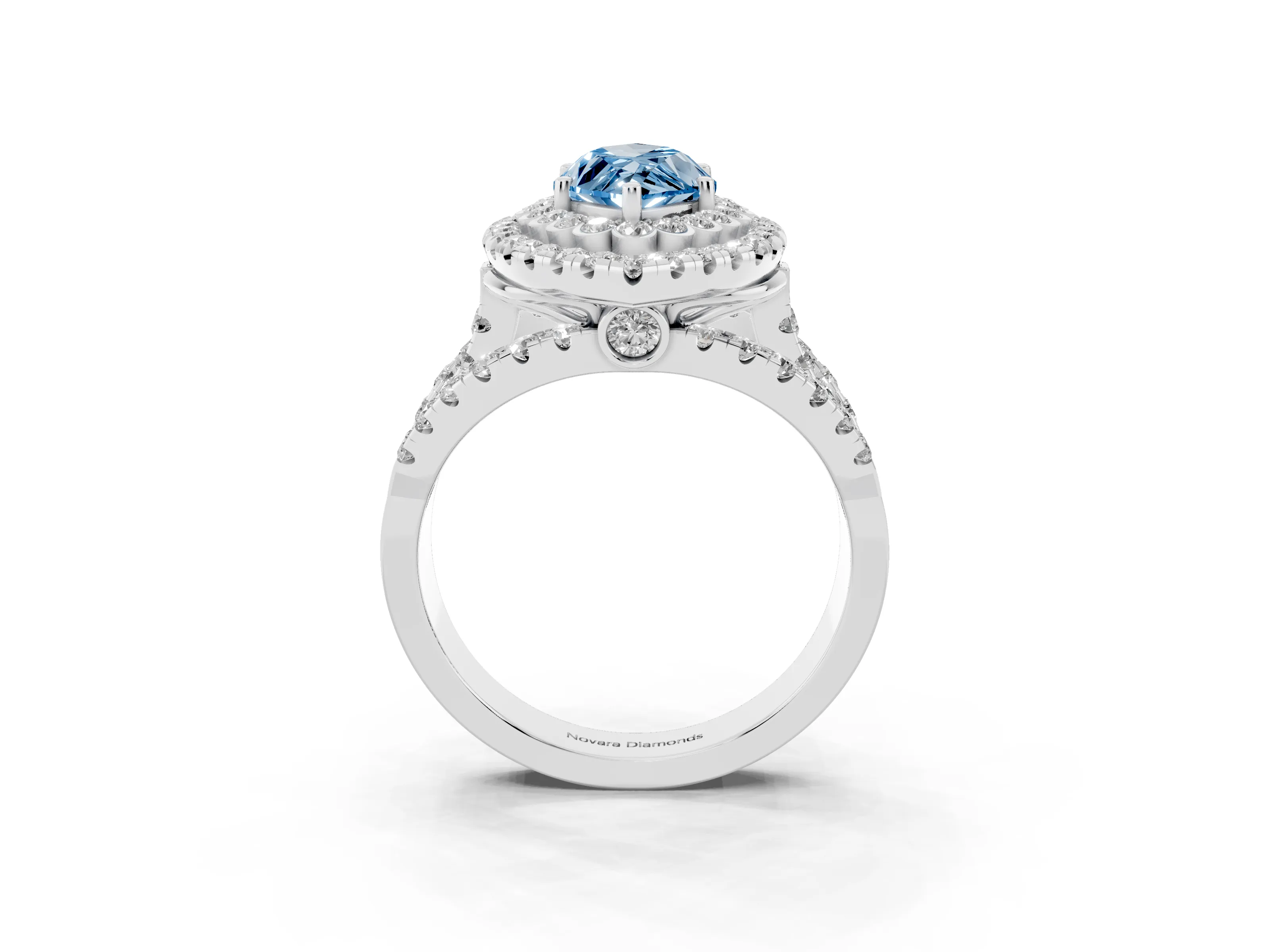 Fancy Blue Marquise Cut Diamond Double Halo Ring Set in White gold with Round Pavé Split Shank