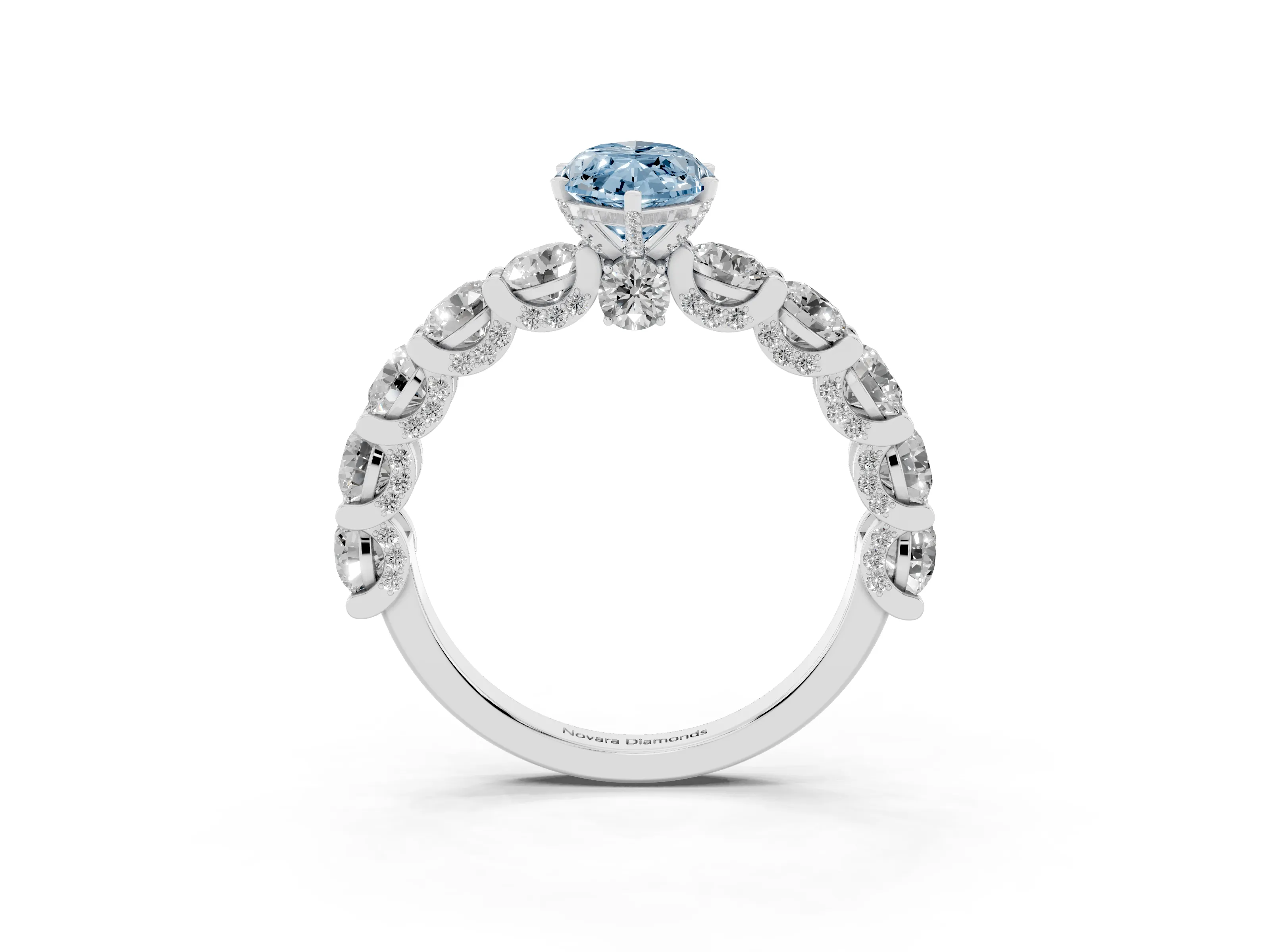 Fancy Blue Marquise Cut Diamond Side Stone Ring Set in Silver with Alternating Round and Oval Side Stones
