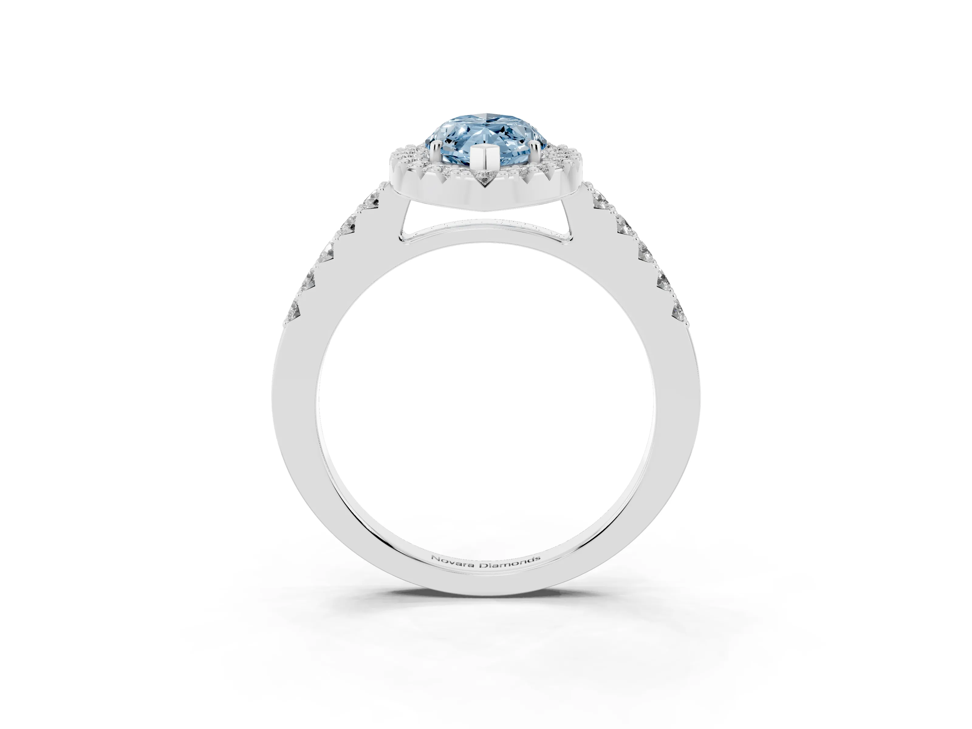 Fancy Blue Marquise Cut Diamond Halo Pavé Solitaire Ring Set in Platinum with Prong-Set Center Stone