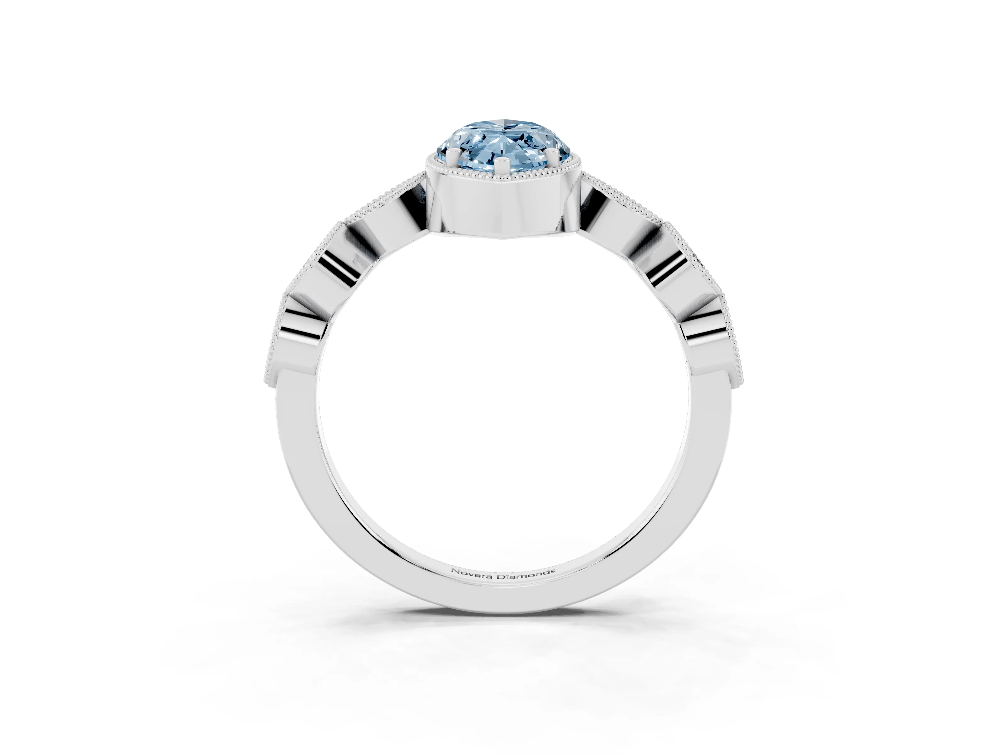 Fancy Blue Marquise Cut Diamond Vintage-Inspired Milgrain Ring Set in White gold with Marquise Stations of Round Accents