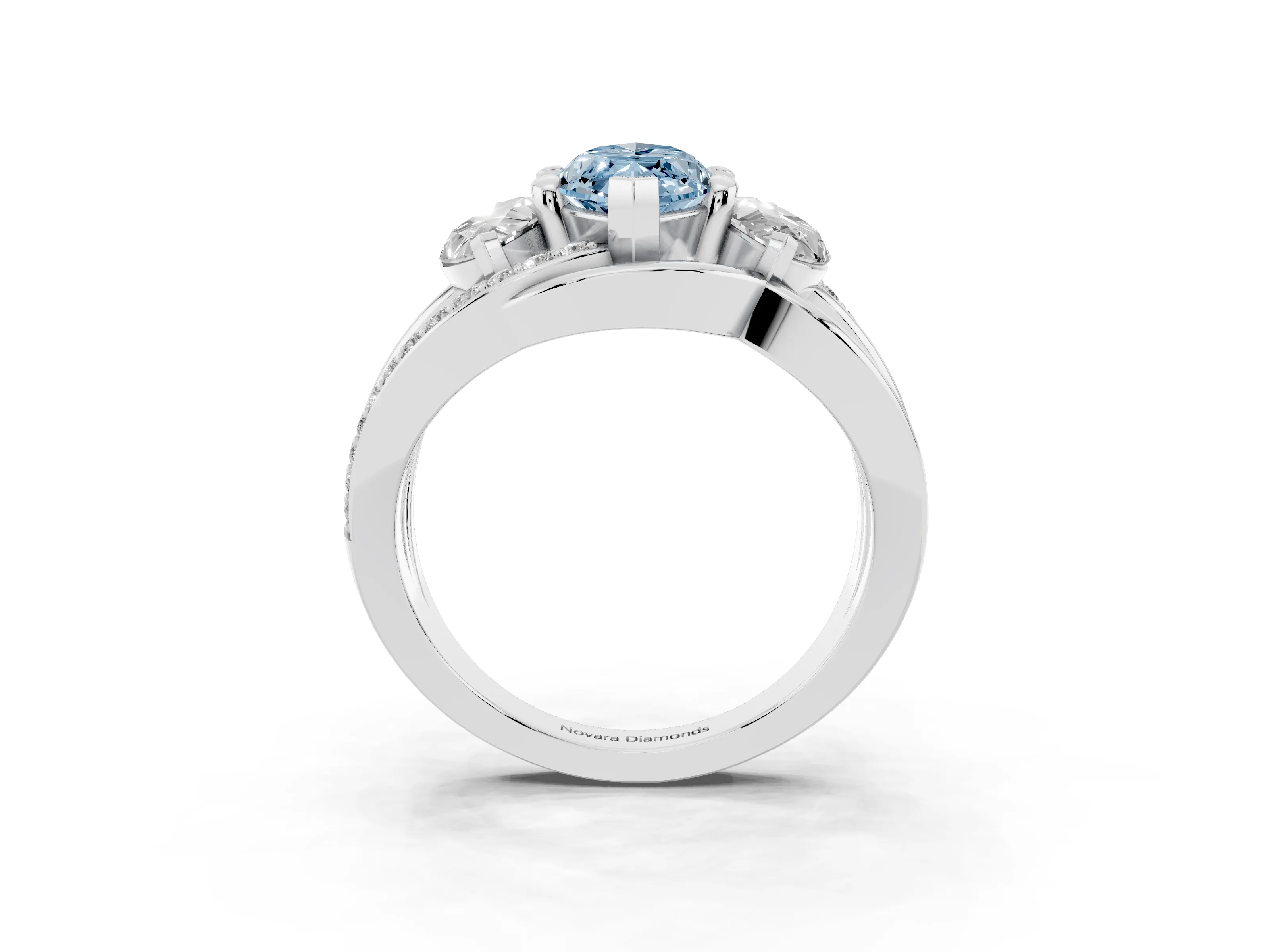 Fancy Blue Marquise Cut Diamond Three-Stone Ring Set in Platinum with Split Shank and Prong Setting