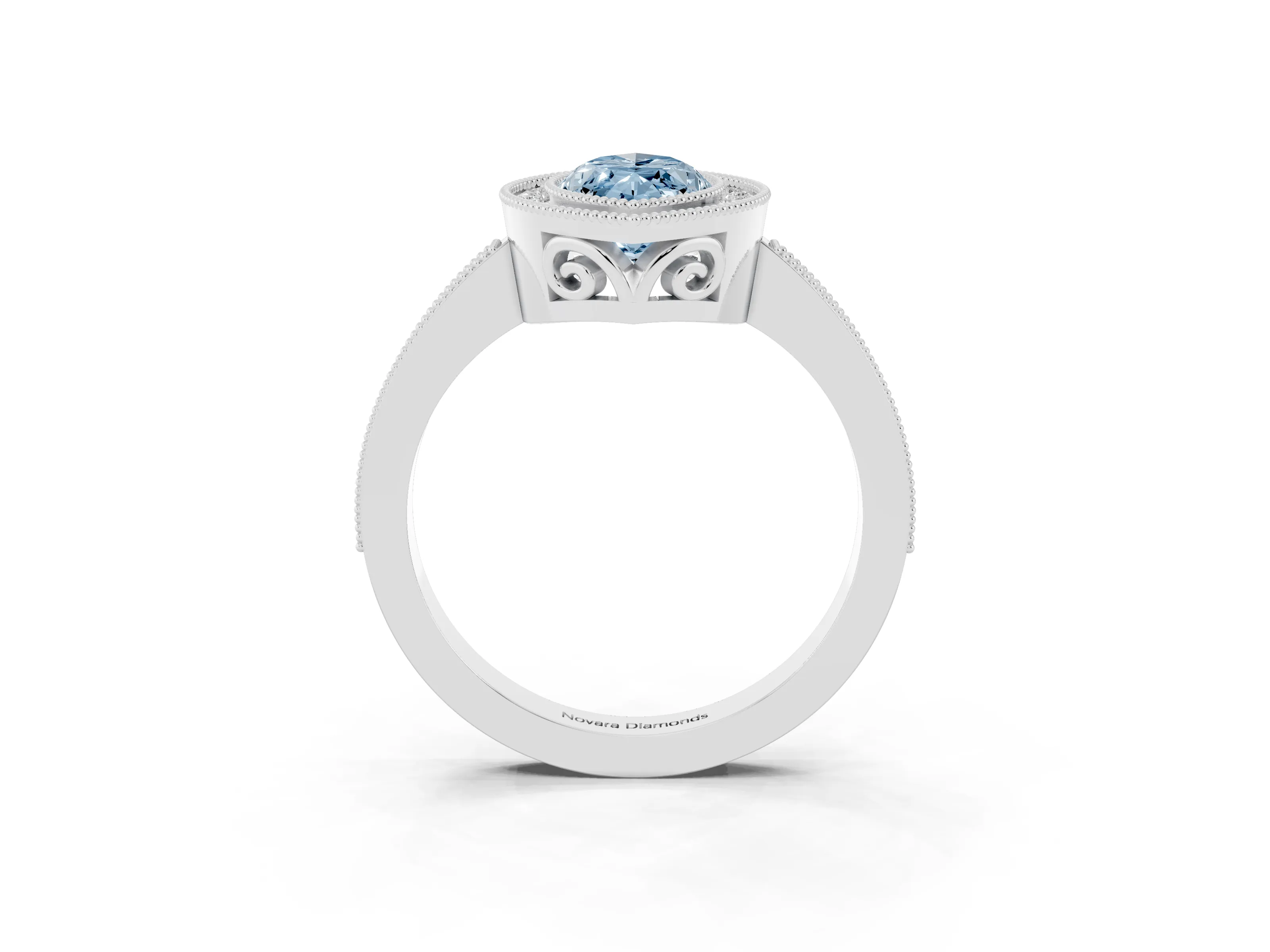Fancy Blue Marquise Cut Diamond Halo Ring Set in White gold with Pavé Band and Milgrain-Edged Prongs