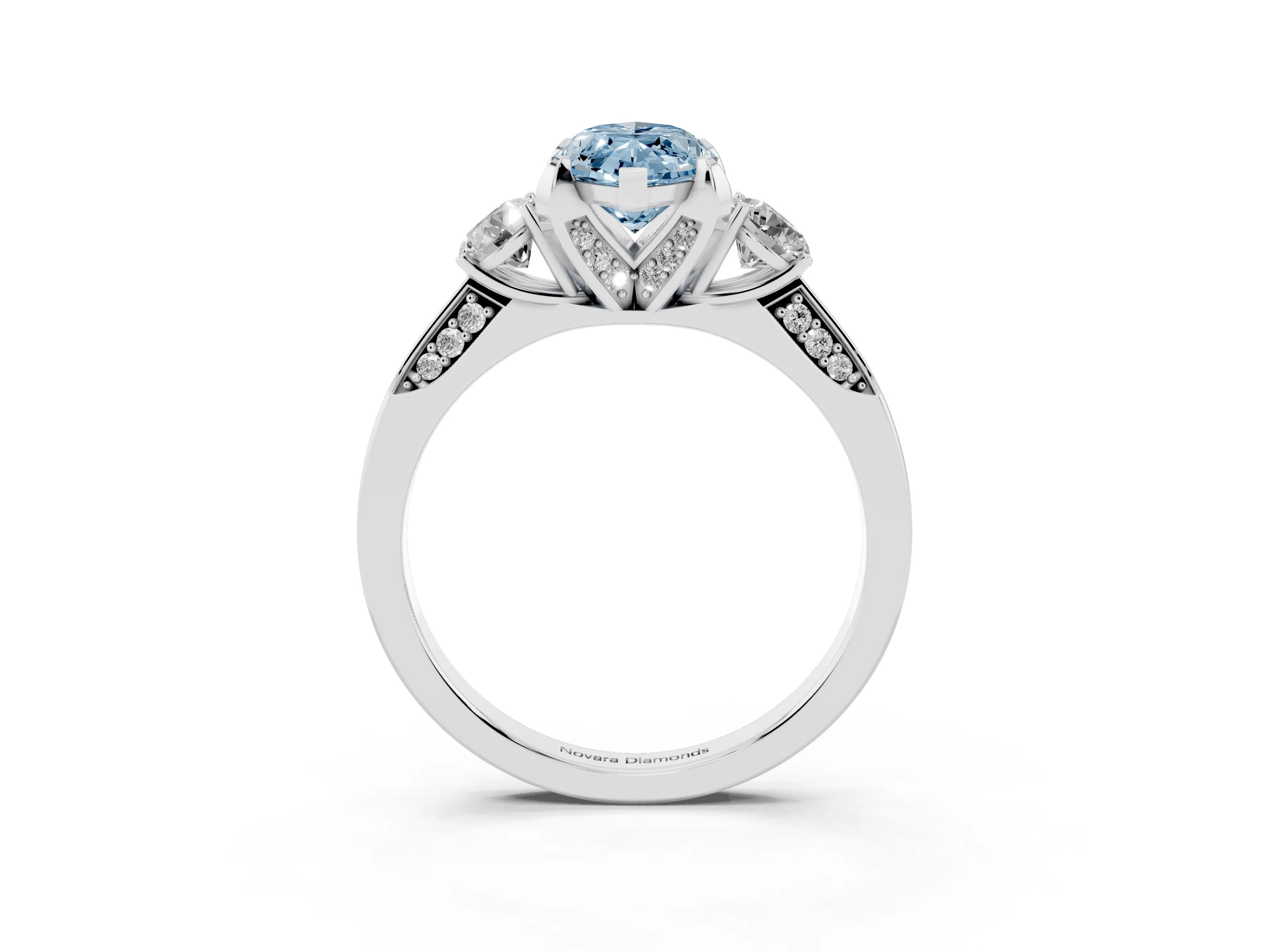 Fancy Blue Marquise Cut Diamond Three-Stone Ring Set in White gold with Pavé Band and Smaller Side Stones