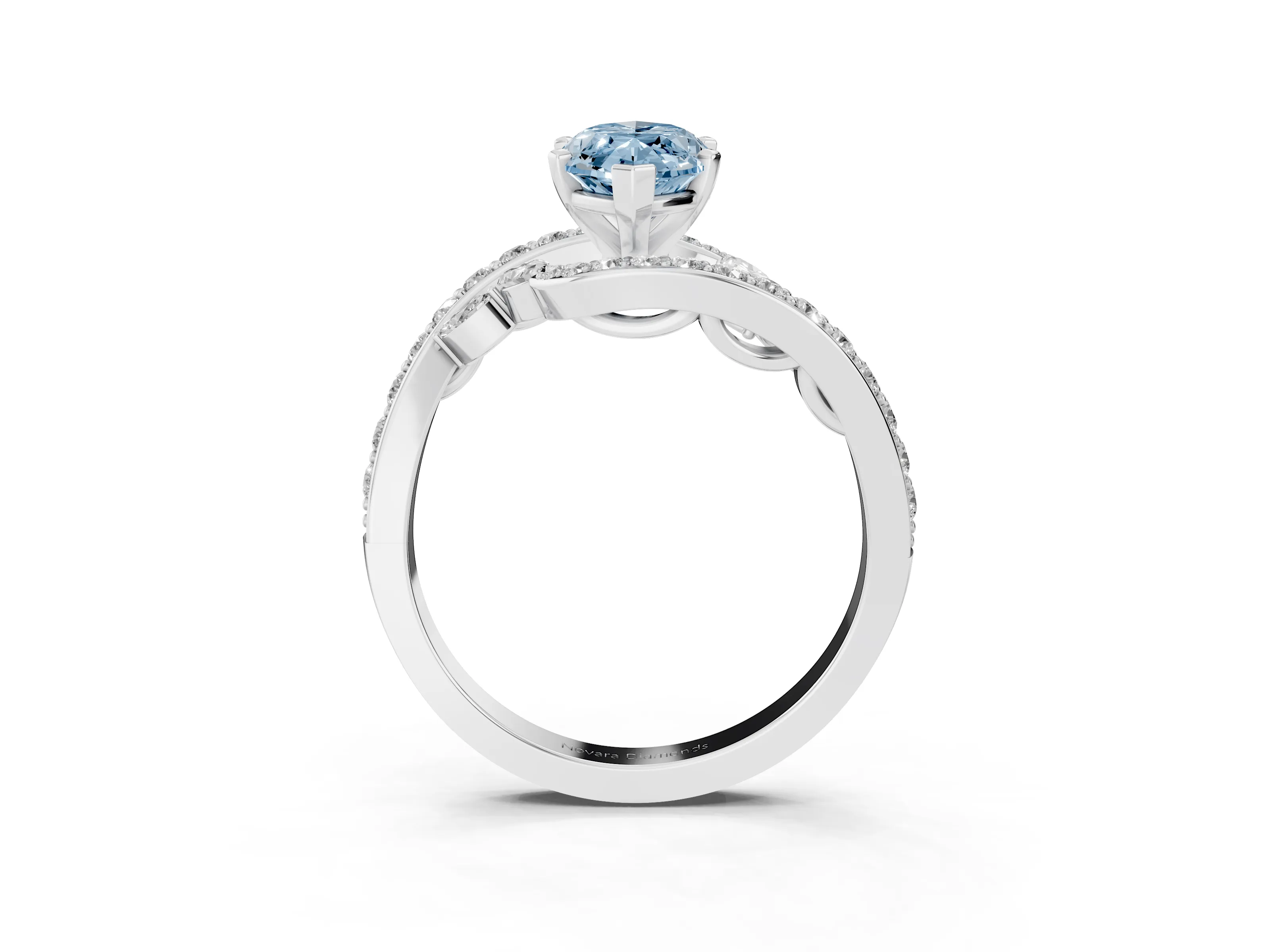 Fancy Blue Marquise Cut Diamond Solitaire Ring Set in White gold with Pavé Twist Band and Secure Prong Setting