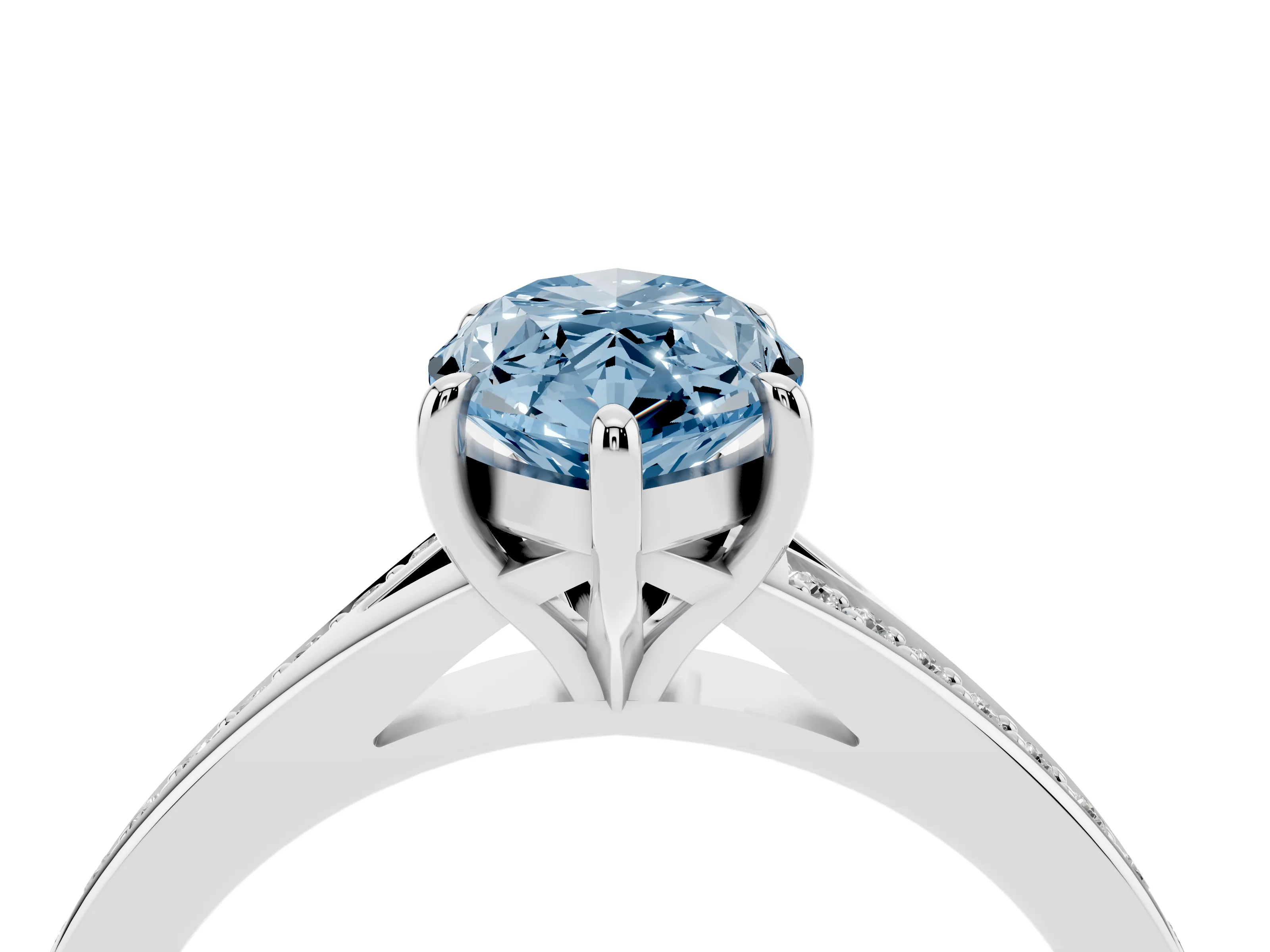 Fancy Blue Marquise Cut Diamond Solitaire Ring Set in Platinum with Pavé Accent Band and Classic Prong Setting