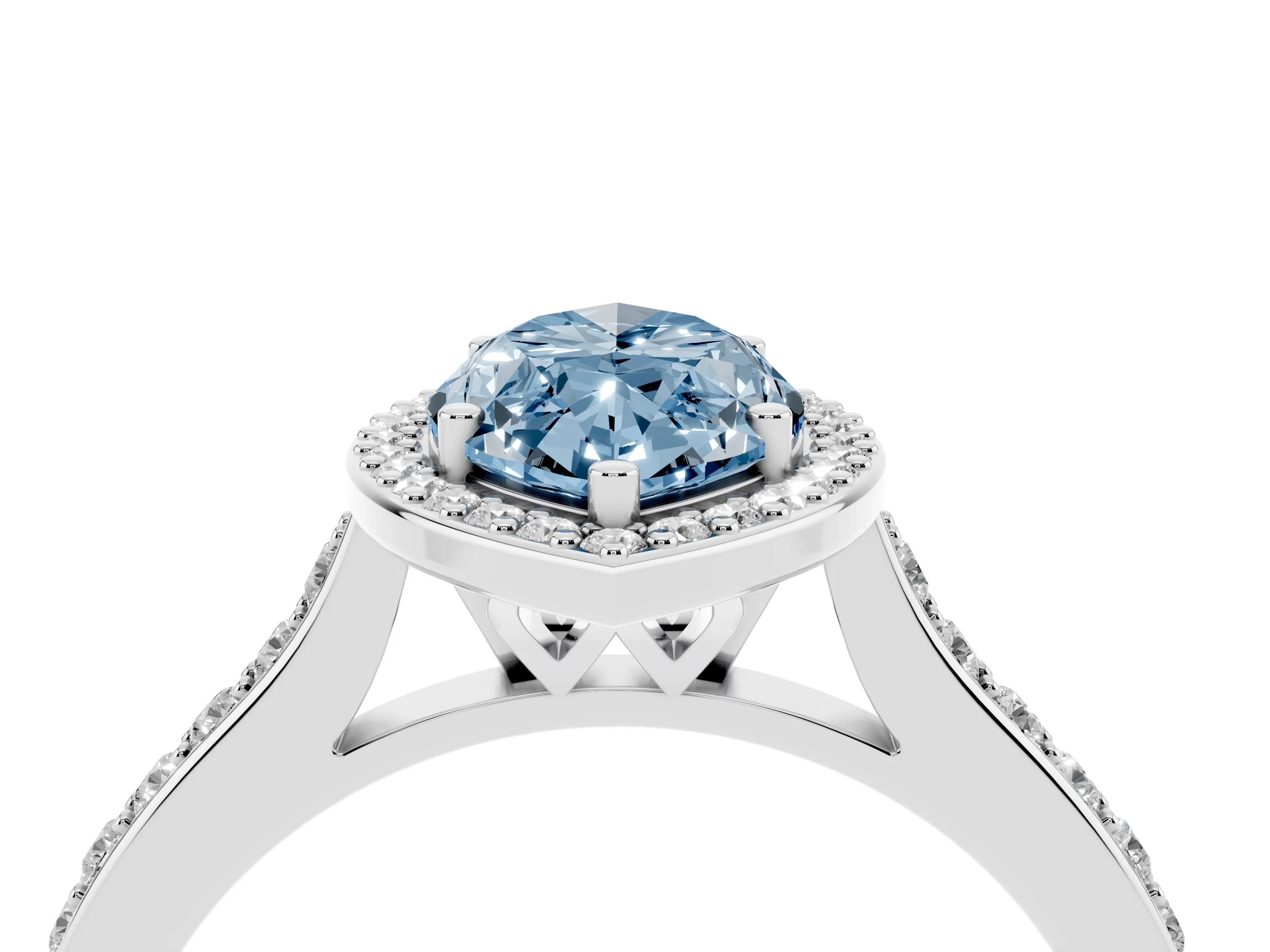 Fancy Blue Marquise Cut Diamond Halo Engagement Ring Set in Silver with Round Pavé Shoulders and Heart Gallery