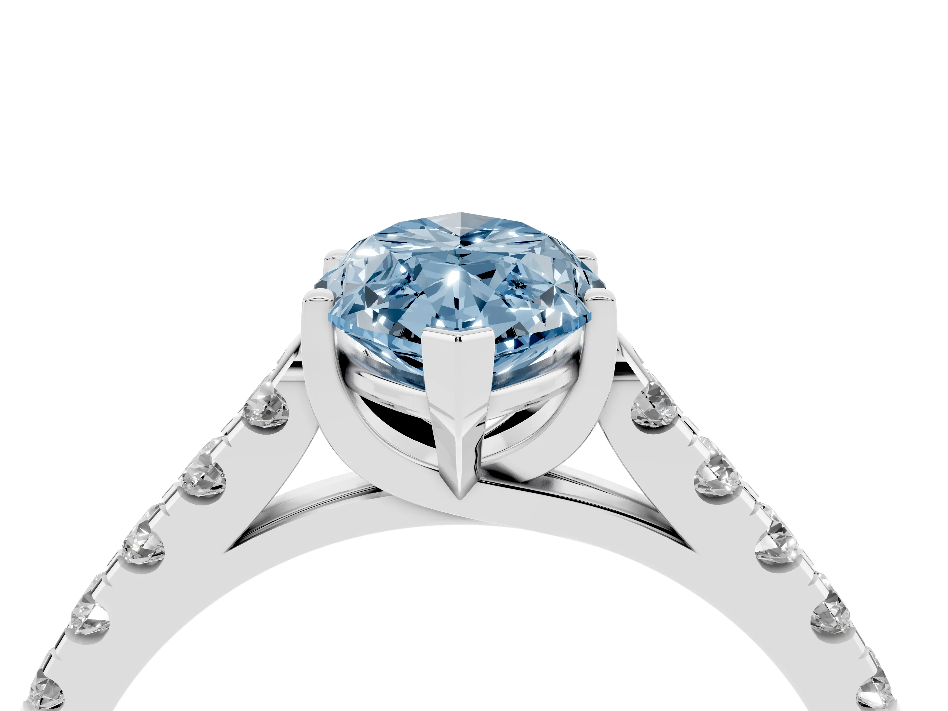 Fancy Blue Marquise Cut Diamond Pavé Band Solitaire Ring Set in White gold with Partway Accent Stones and Prong Setting