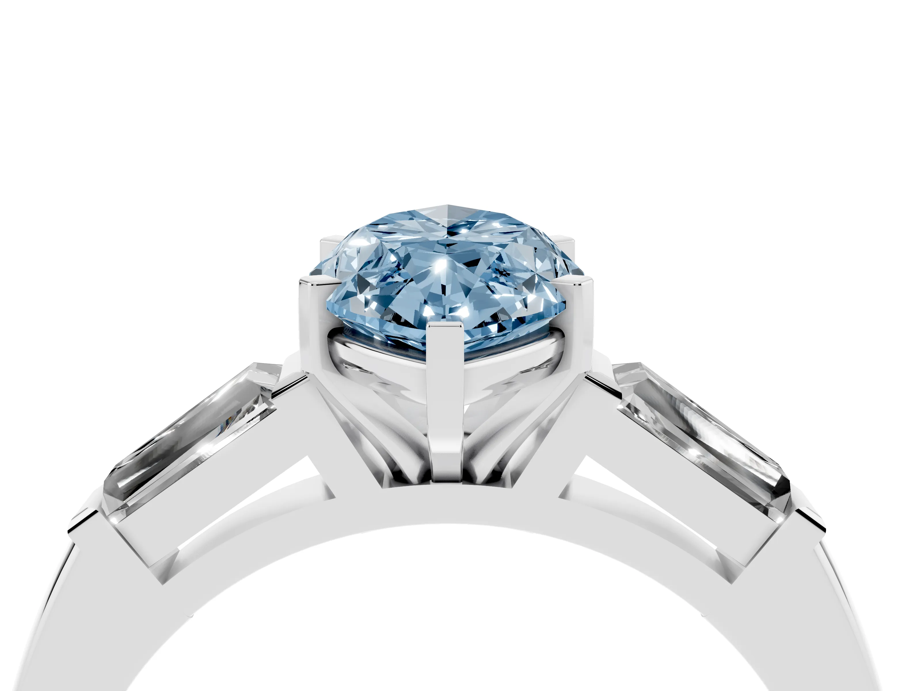 Fancy Blue Marquise Cut Diamond Solitaire Ring Set in Silver with Tapered Baguette Side Stones and Prong Setting