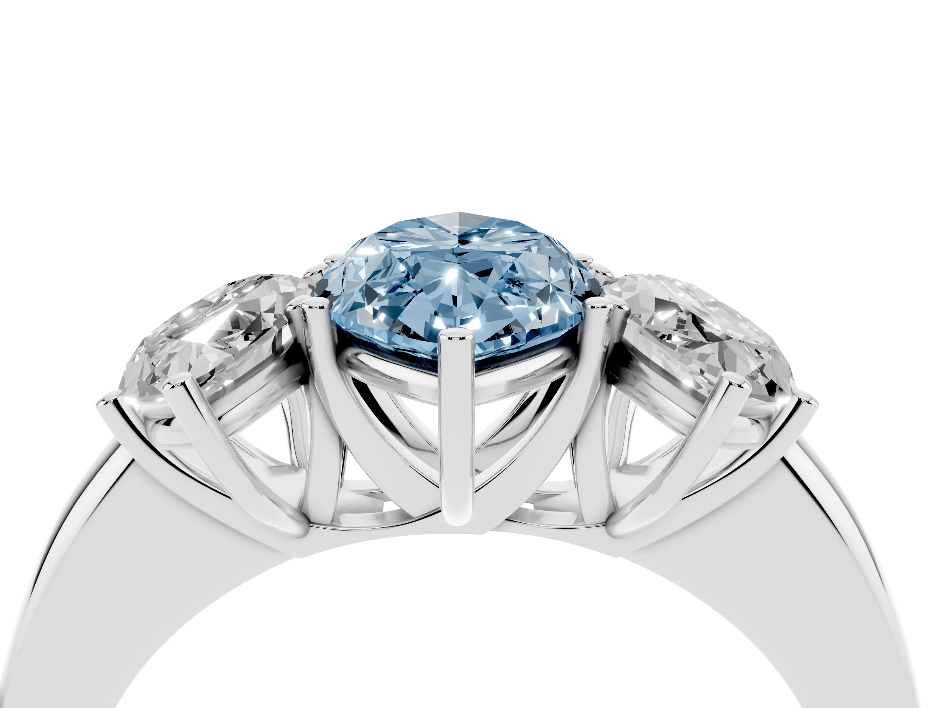 Fancy Blue Marquise Cut Diamond Three-Stone Ring Set in White gold with Bold Center and Classic Band