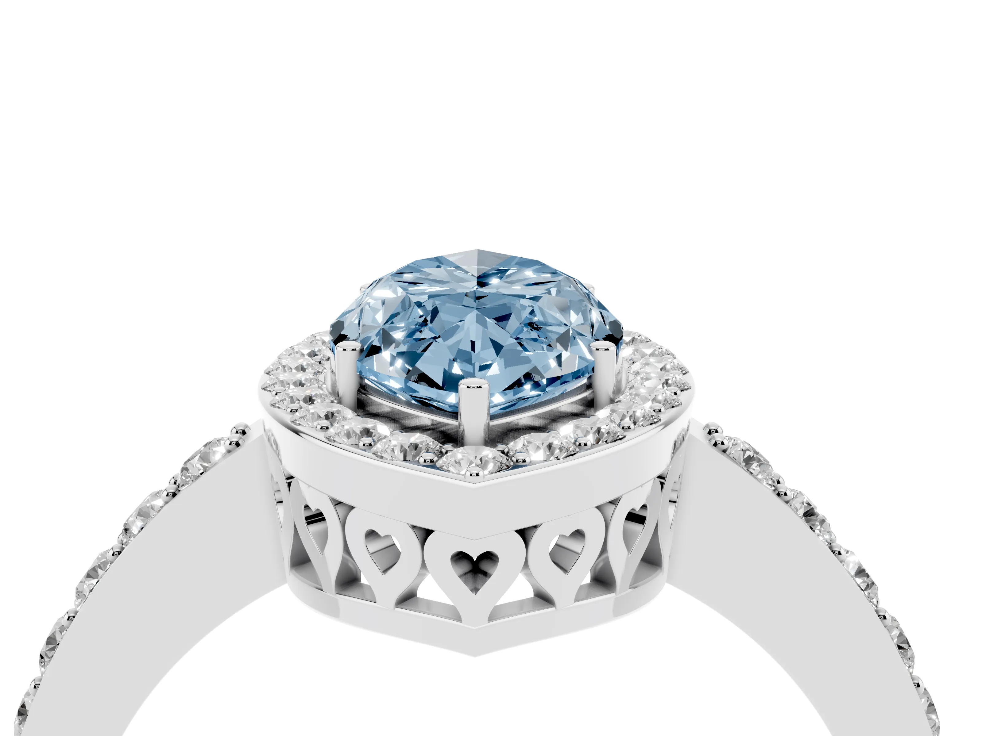 Fancy Blue Marquise Cut Diamond Halo Ring Set in White gold with Pavé-Setting Band and Open Prong Center