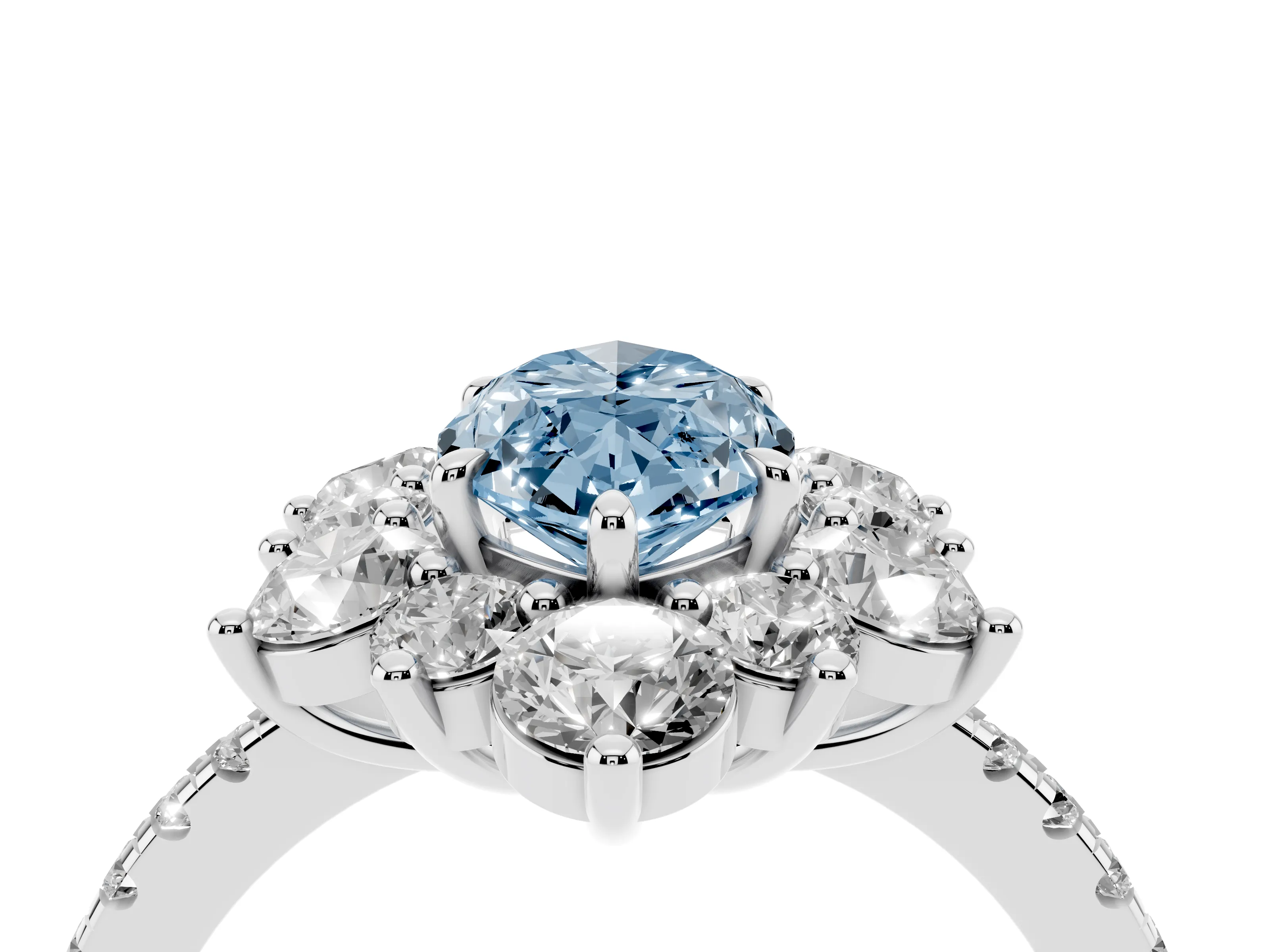 Fancy Blue Marquise Cut Diamond Floral Halo Ring Set in White gold with Round Pavé Band and Prong Setting