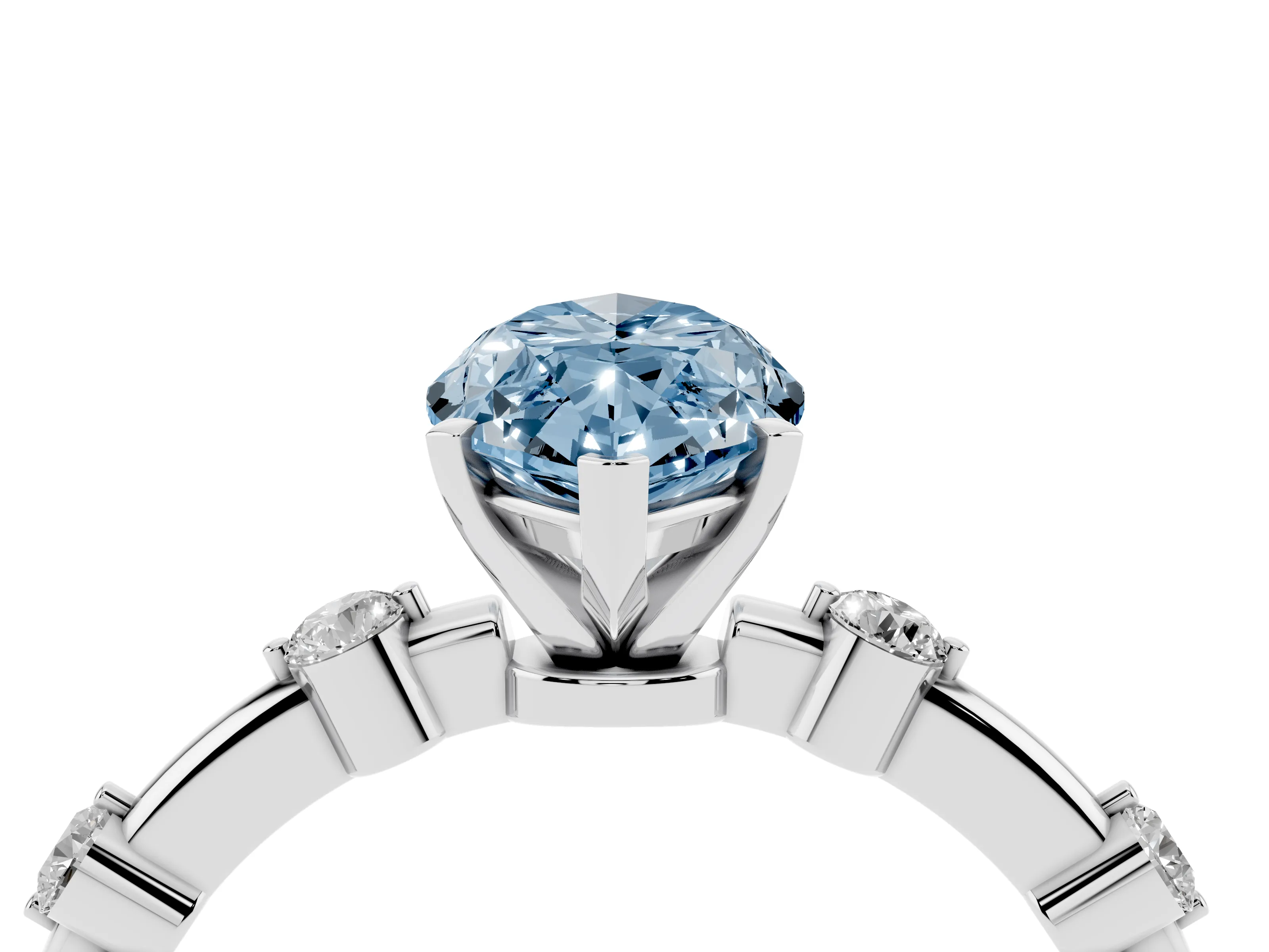 Fancy Blue Marquise Cut Diamond Solitaire Ring Set in White gold with Bezel Set Side Stones and Prong Setting