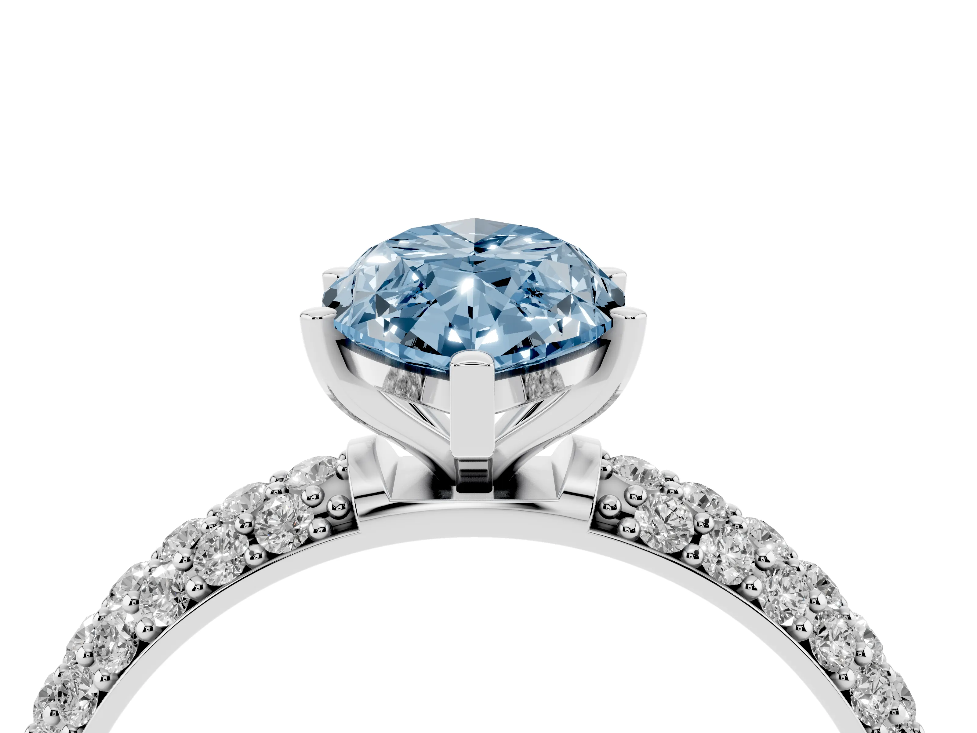 Fancy Blue Marquise Cut Diamond Solitaire Ring Set in White gold with Prong Setting and Pavé-Set Band