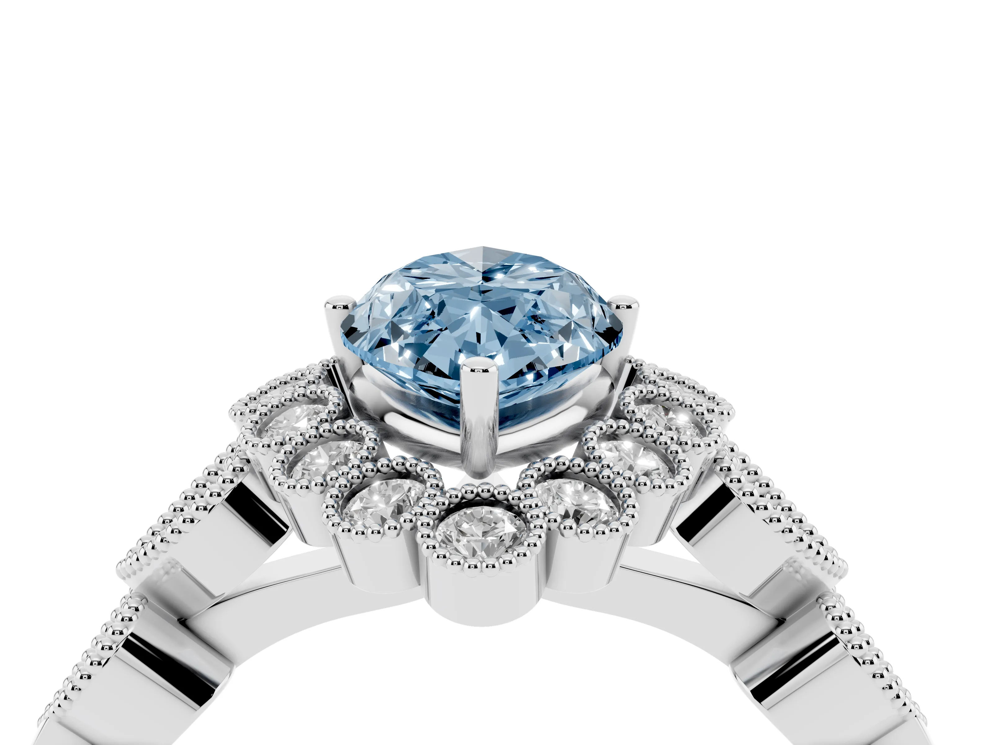 Fancy Blue Marquise Cut Diamond Solitaire Ring Set in White gold with Milgrain Pavé Heart Band