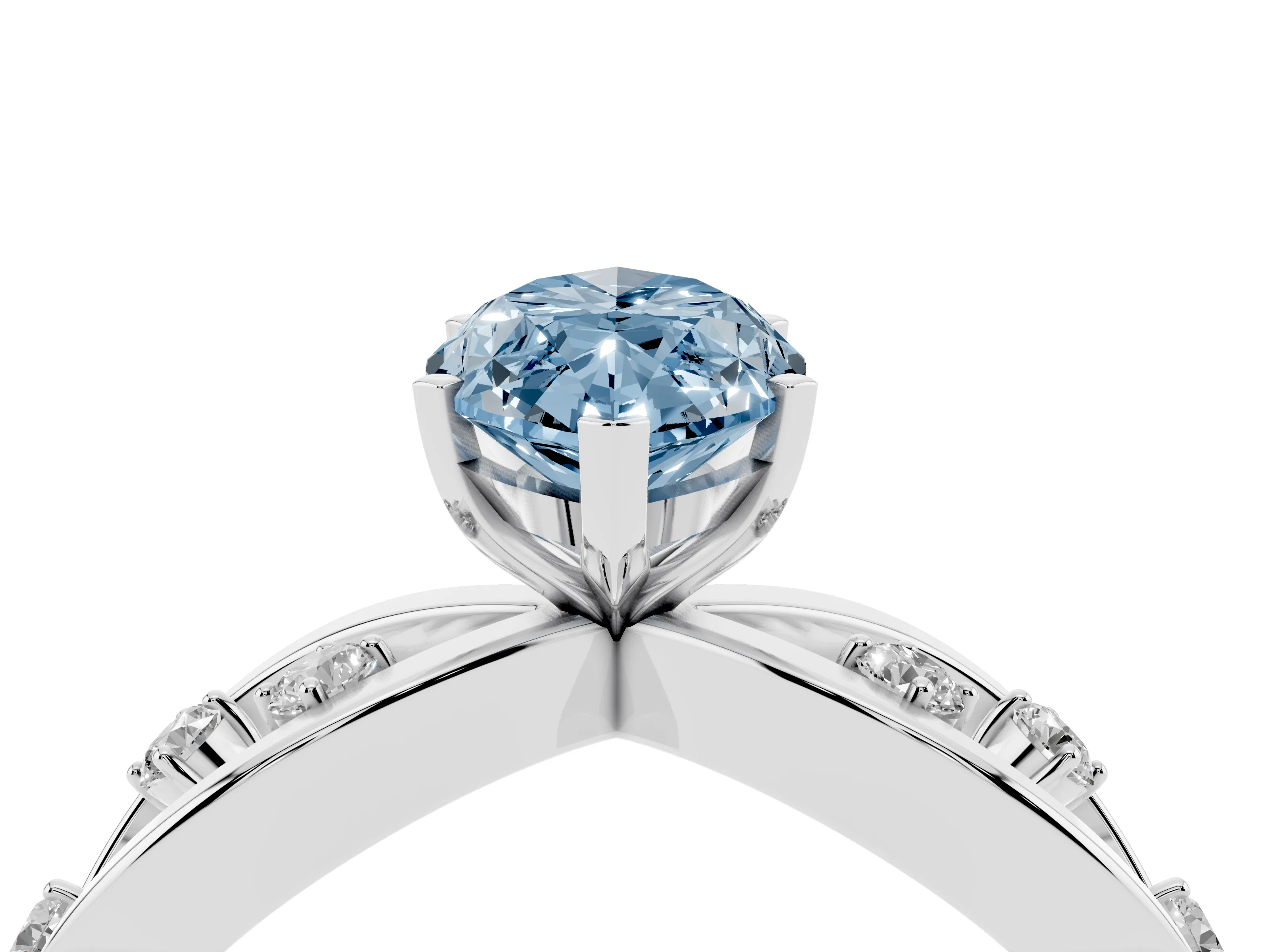 Fancy Blue Marquise Cut Diamond Solitaire Ring Set in Silver with Side Stones on Criss-Cross Band and Prong Setting