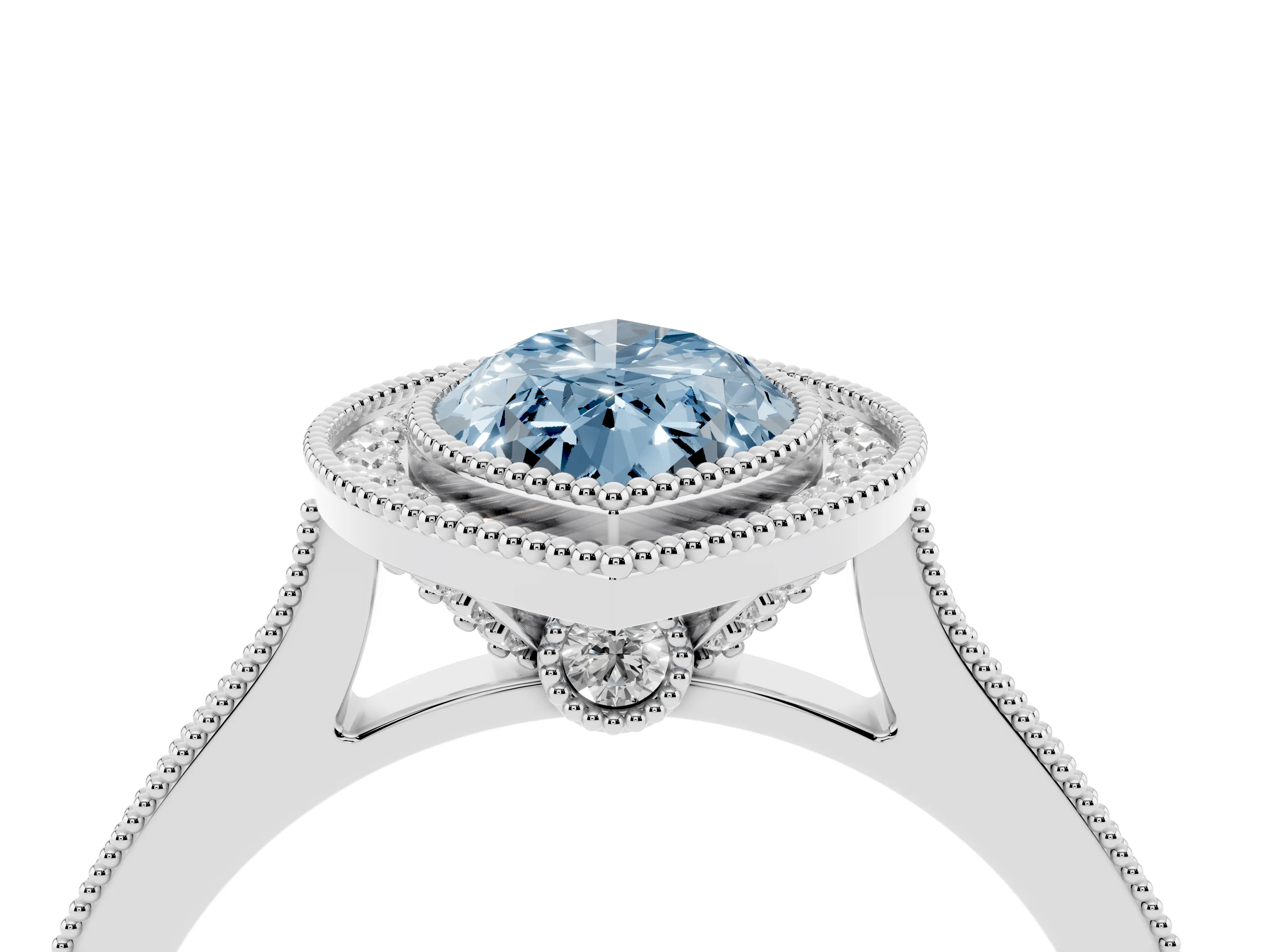 Fancy Blue Marquise Cut Diamond Halo Milgrain Pavé Band Ring Set in White gold with Prong Setting
