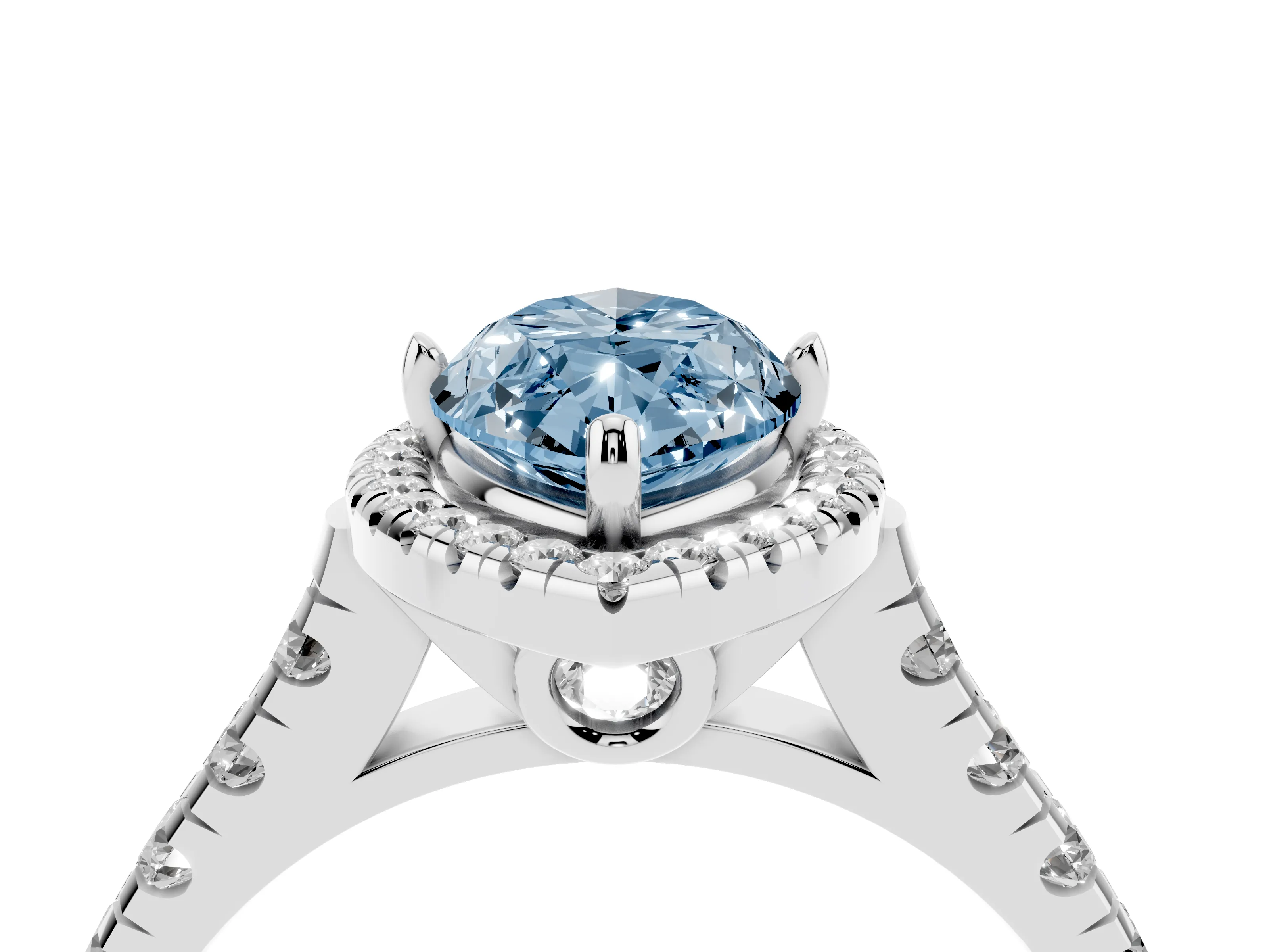 Fancy Blue Marquise Cut Diamond Halo Engagement Ring Set in White gold with Pavé Band and Prong-Set Center