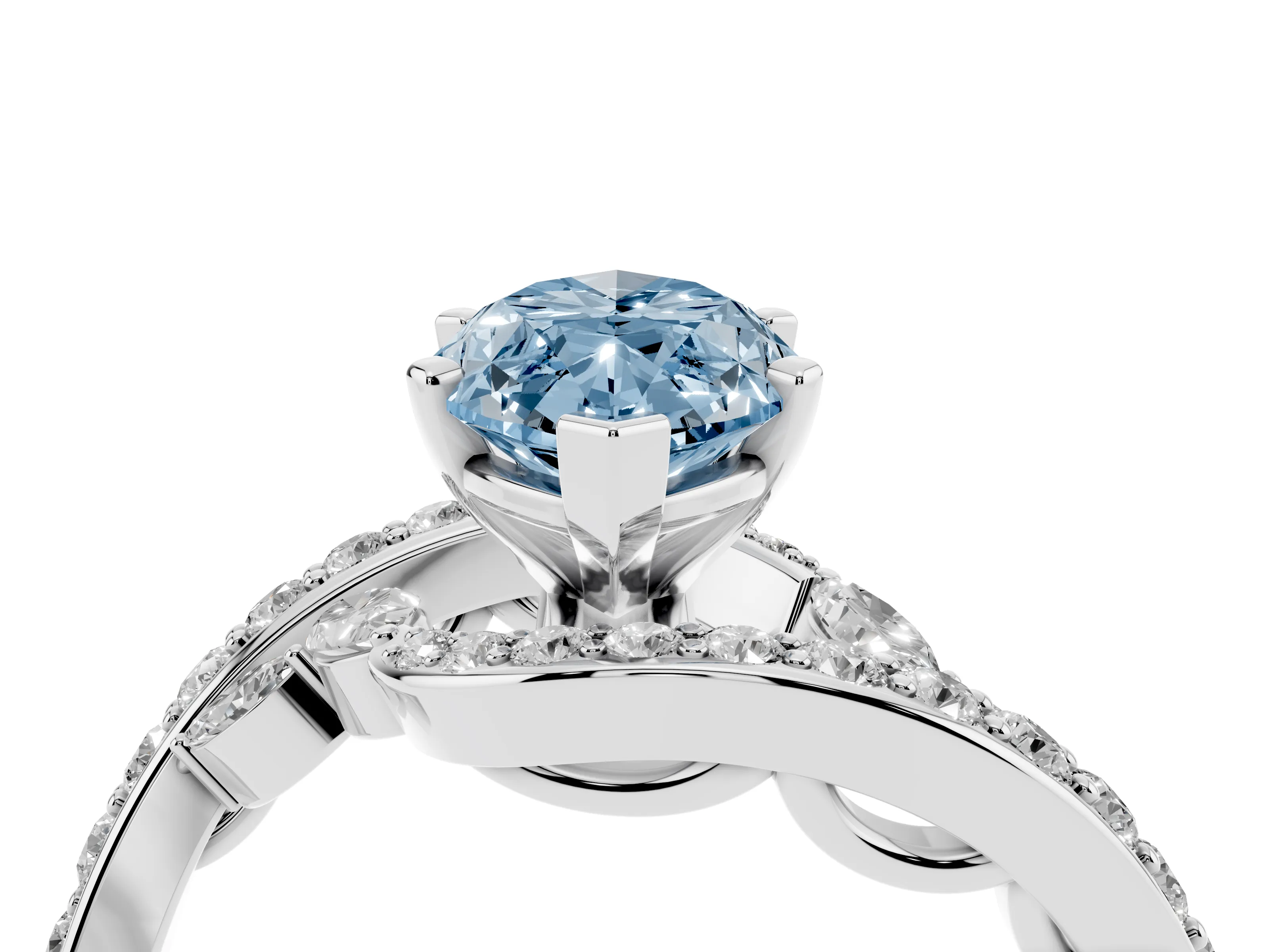 Fancy Blue Marquise Cut Diamond Solitaire Ring Set in White gold with Pavé Twist Band and Secure Prong Setting
