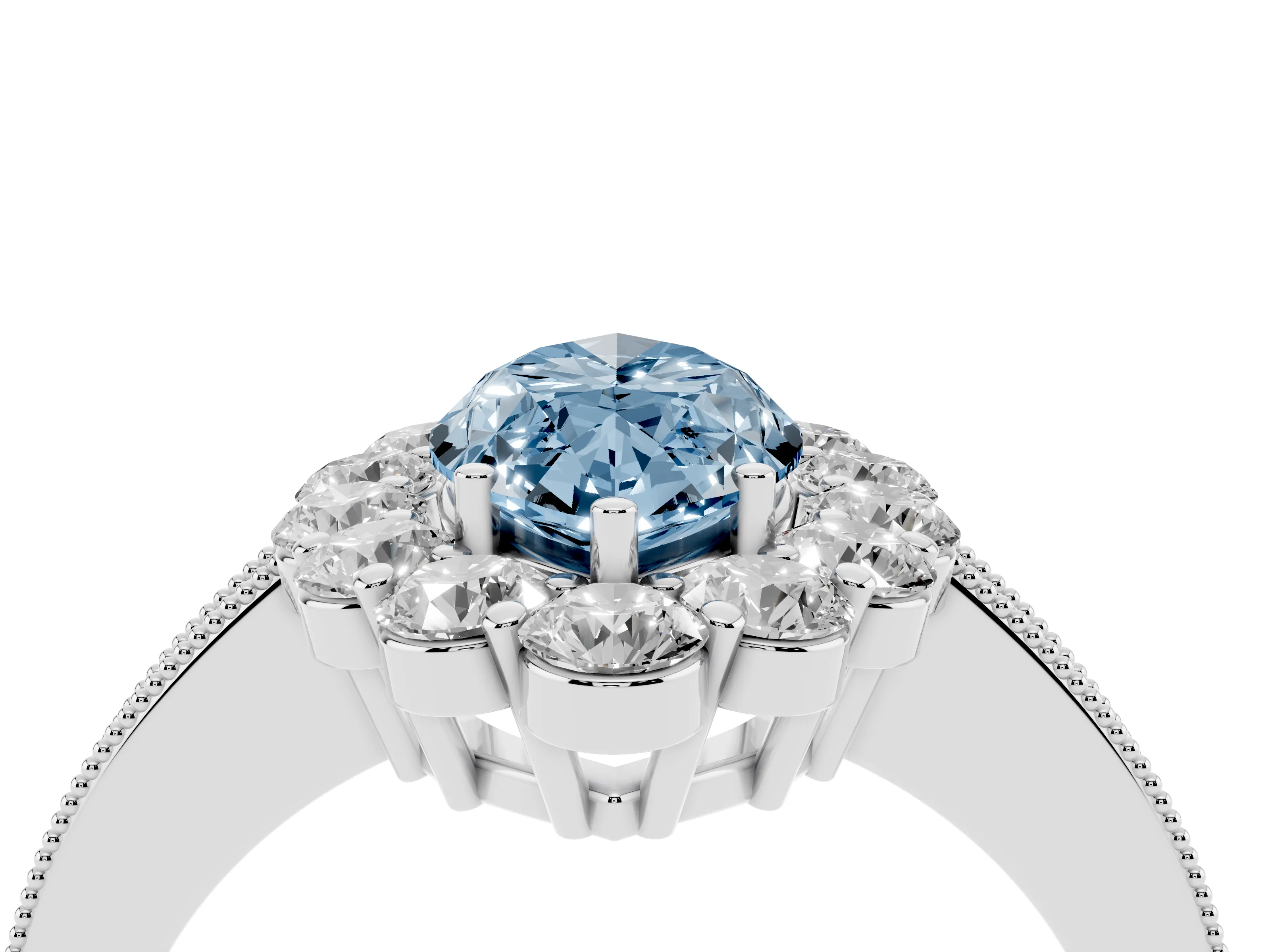 Fancy Blue Marquise Cut Diamond Halo Pavé Engagement Ring Set in Platinum with Milgrain Detailing