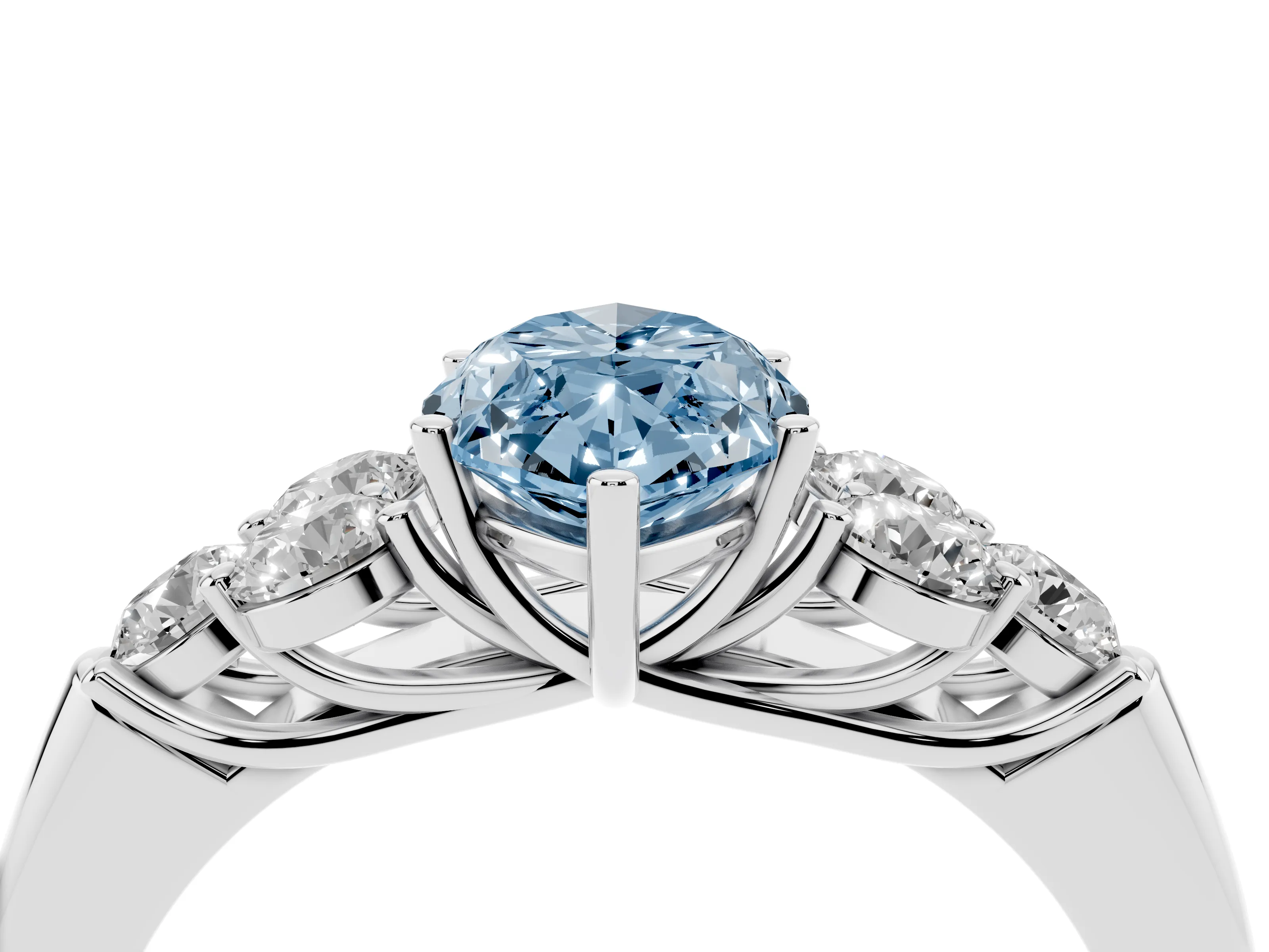 Fancy Blue Marquise Cut Diamond Cluster Ring Set in Platinum with Round Accent Stones and Prong Setting on a Plain Band