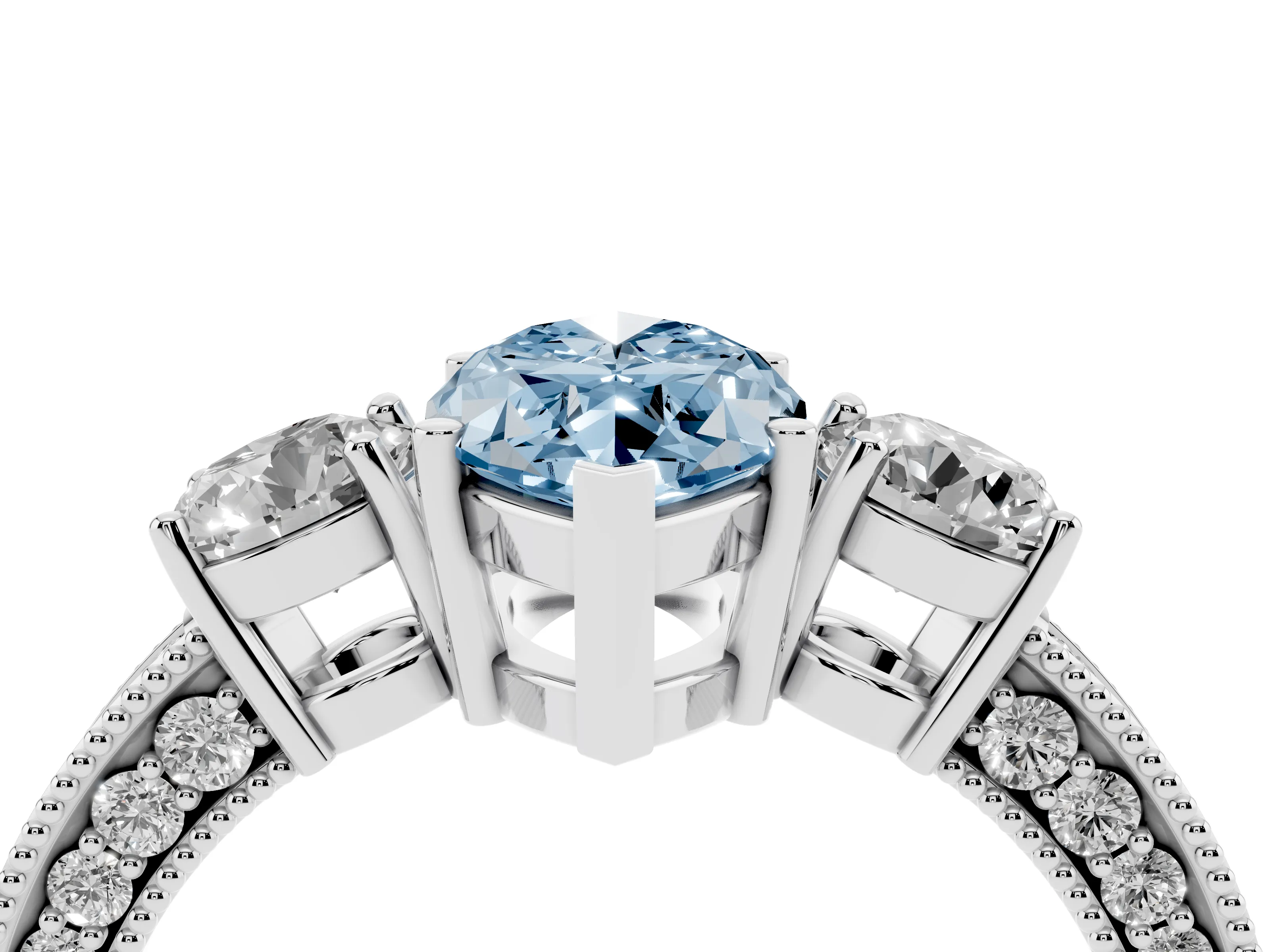 Fancy Blue Marquise Cut Diamond Three-Stone Ring Set in Platinum with Round Side Stones and Pavé Band