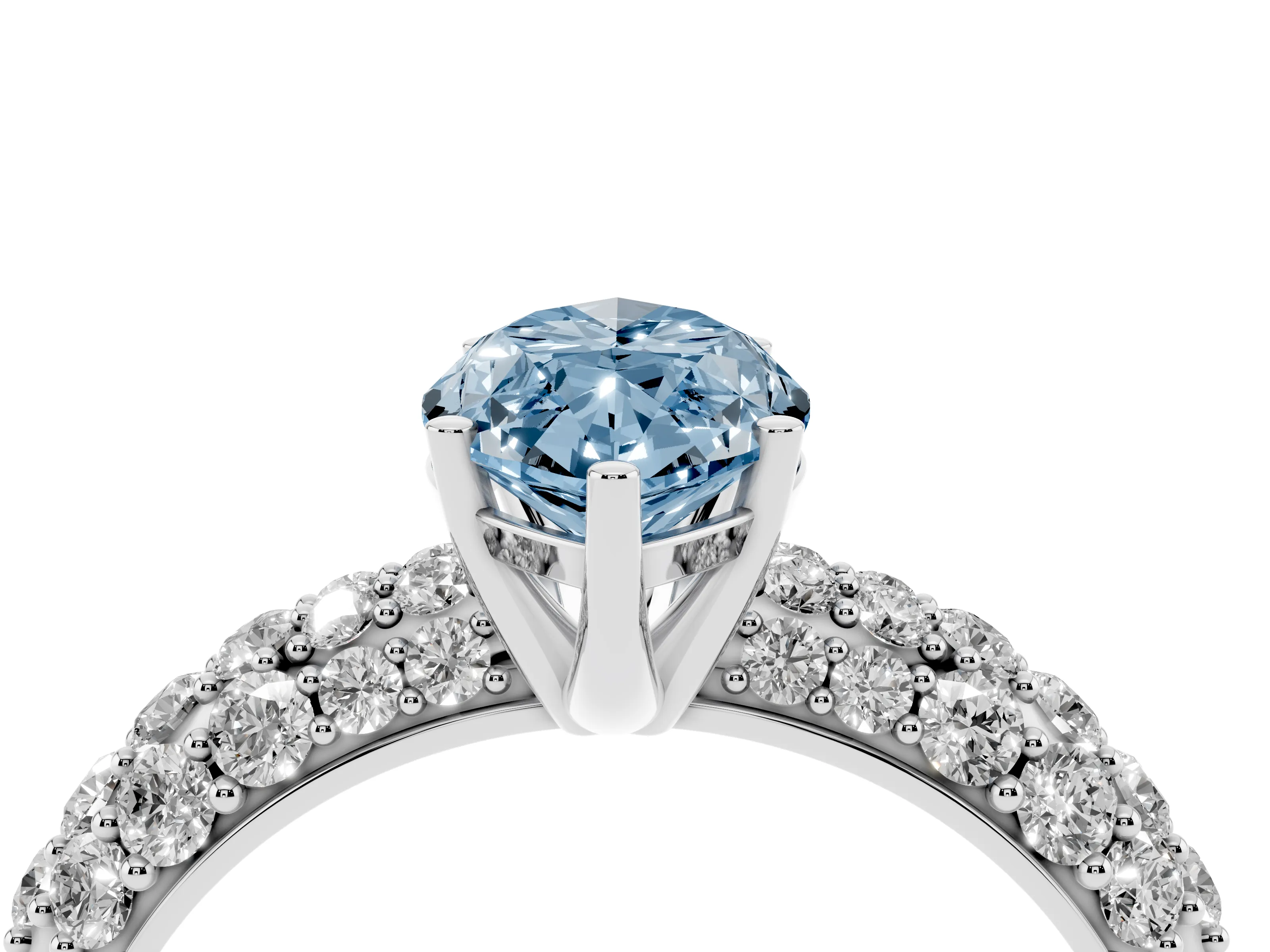 Fancy Blue Marquise Cut Diamond Pavé Band Solitaire Ring Set in White gold with Close-Set Accent Stones and Prong Setting